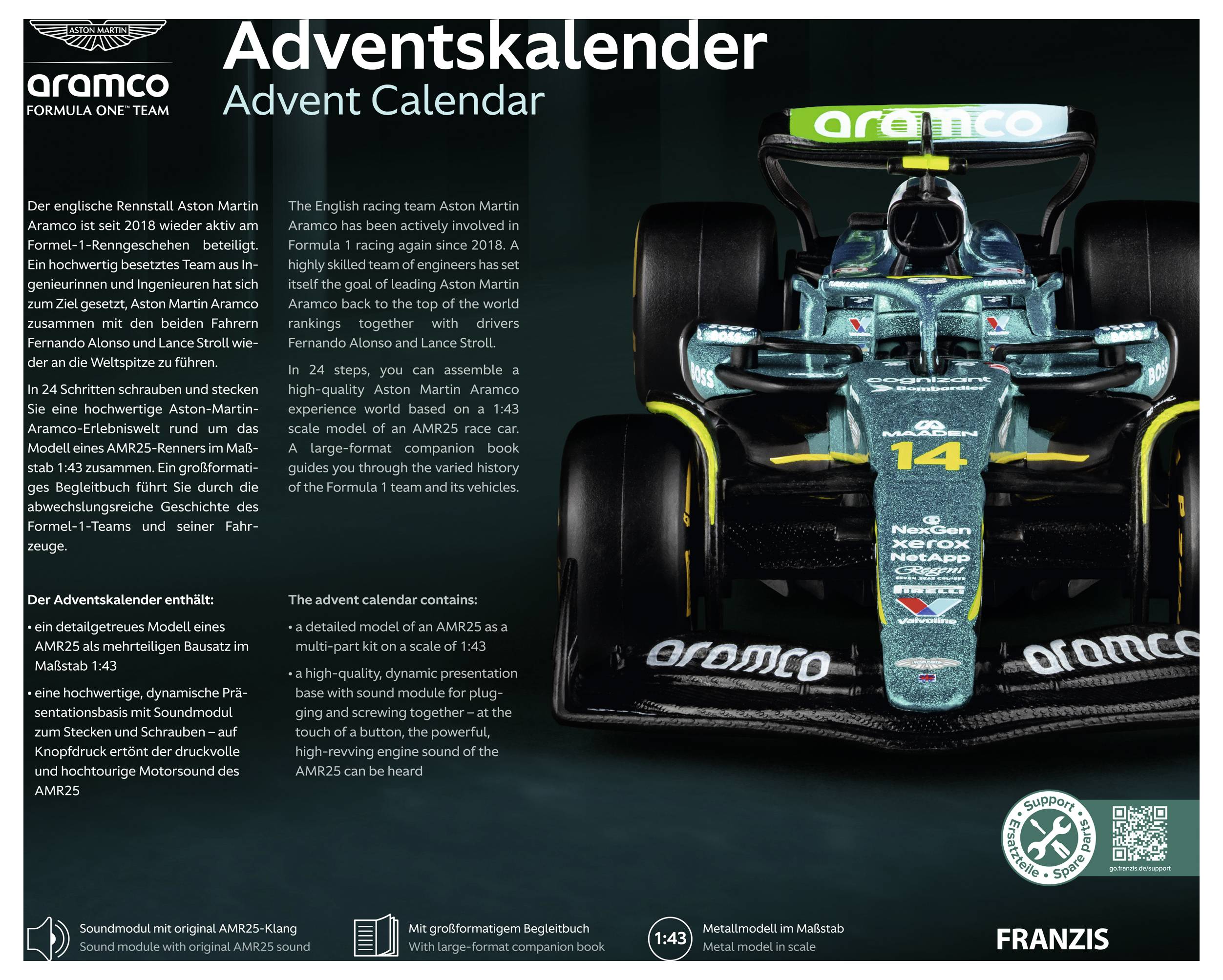 Aramco Formula-One-Team Adventskalender Schachteln mit Kunstwerk, das einen blaugrünen und schwarzen Aston Martin F1-Rennwagen zeigt, mit dem Text „Adventskalender