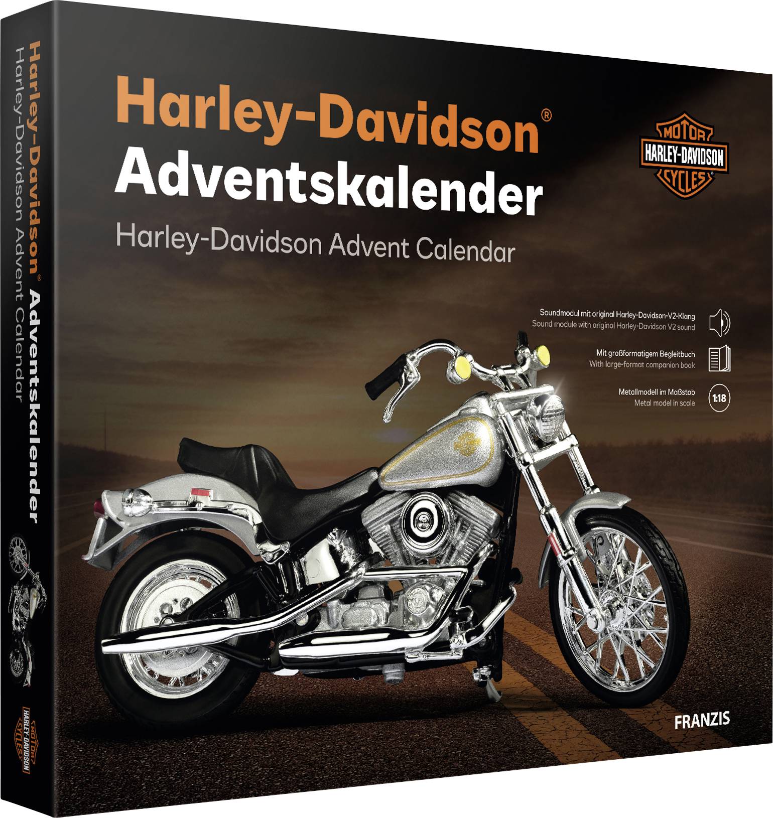 Harley-Davidson Adventskalender-Box mit einem Motorradbild und Harley-Davidson-Logos von Franzis.
