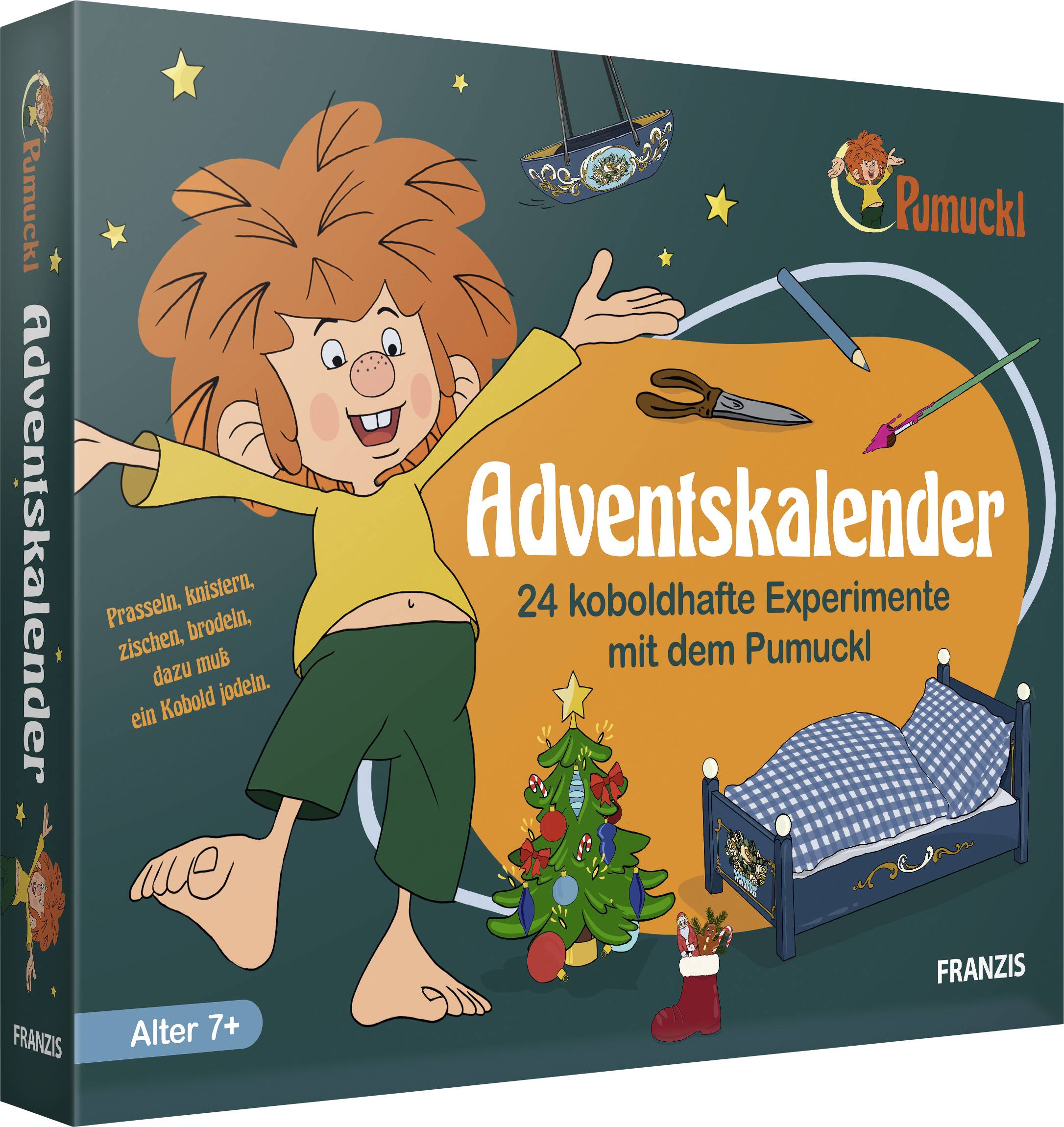 Illustriertes Adventskalenderbuch für Kinder mit dem Titel „Adventskalender: 24 koboldhafte Experimente mit dem Pumuckl