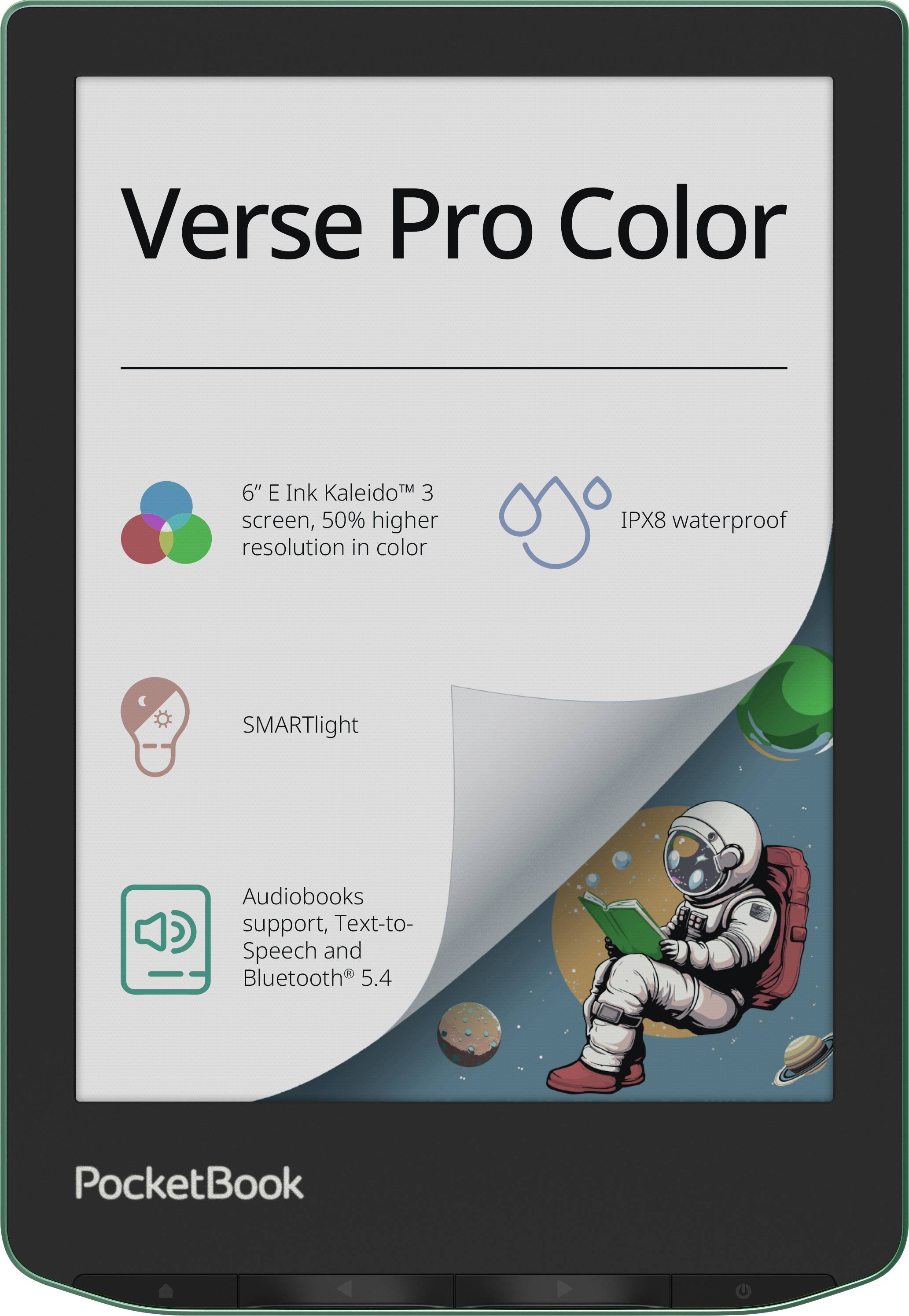 PocketBook Verse Pro Color E-Reader mit folgenden Funktionen: 6-Zoll-Kaleido-3-Farbdisplay, IPX8-Wasserfestigkeit, SMARTlight und Unterstützung für Audiobooks.
