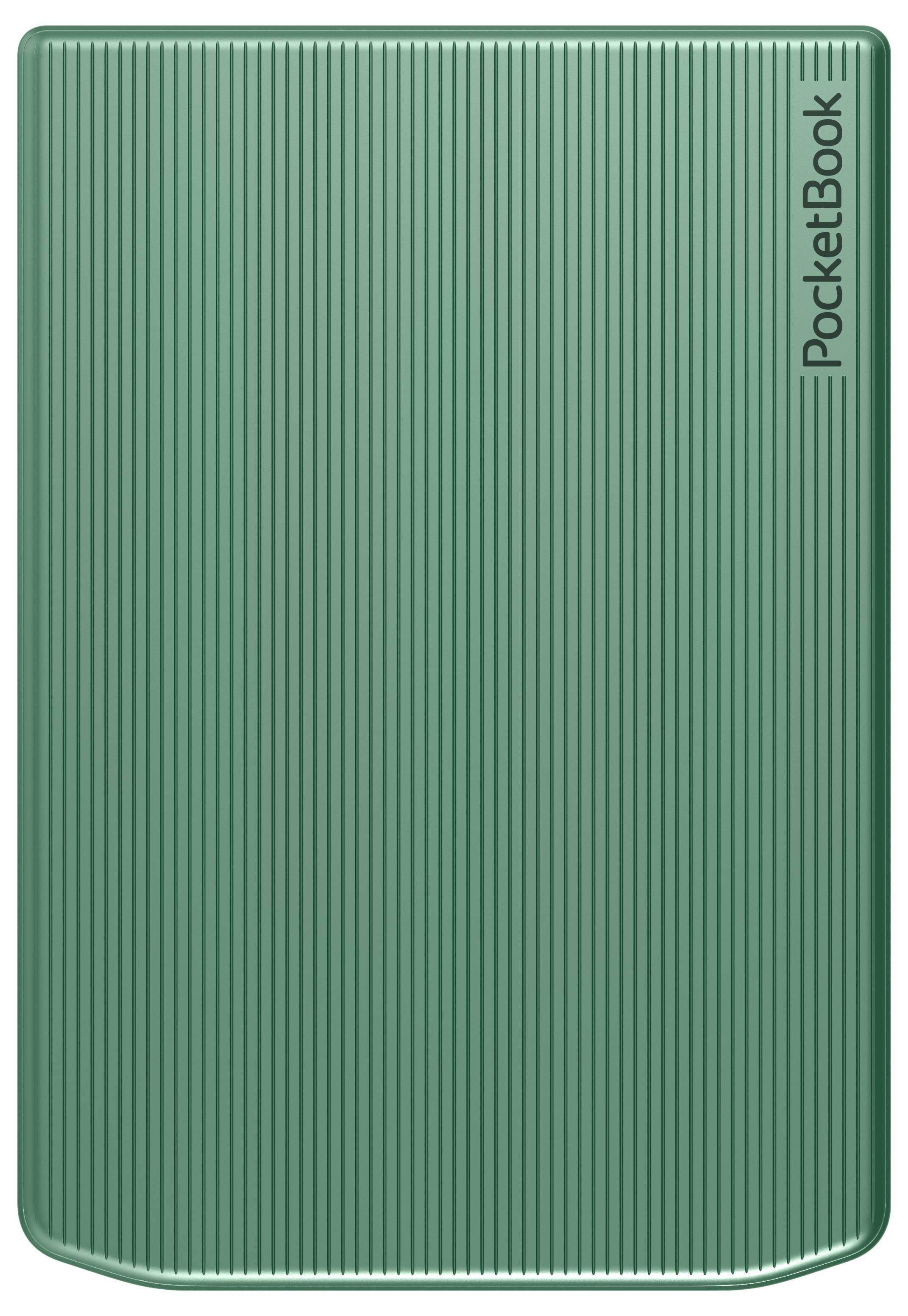 Grünes PocketBook e-Reader mit vertikaler Rippentextur auf dem Umschlag, von vorne geschlossen gezeigt.