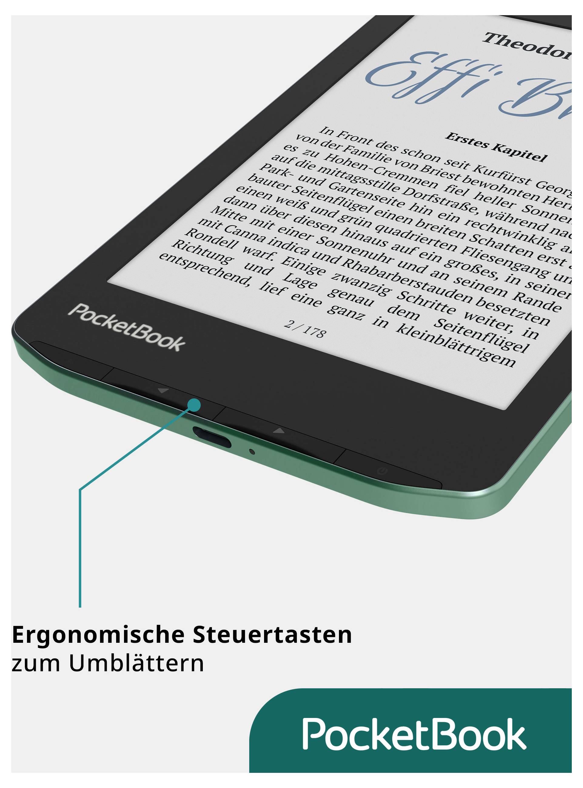 PocketBook e-Reader mit einem Pfeil, der ergonomische Umblätter-Tasten hervorhebt; deutscher Text besagt 
