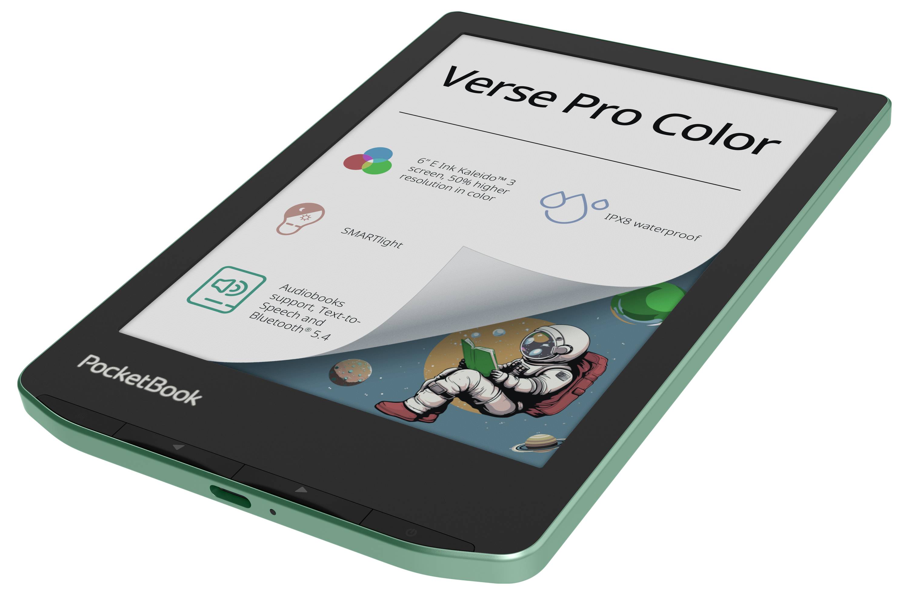 Ein PocketBook Verse Pro Color E-Reader, schräg dargestellt und zeigt seinen Farbbildschirm mit App- und Funktionssymbolen.