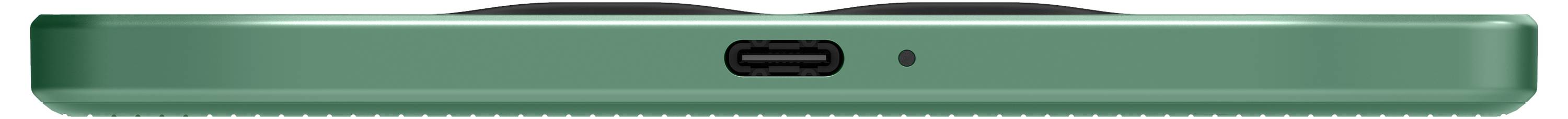 Seitenansicht eines grünen Smartphones, die sein dünnes Profil mit zentriertem Anschluss und kleinem Mikrofon-Loch zeigt.