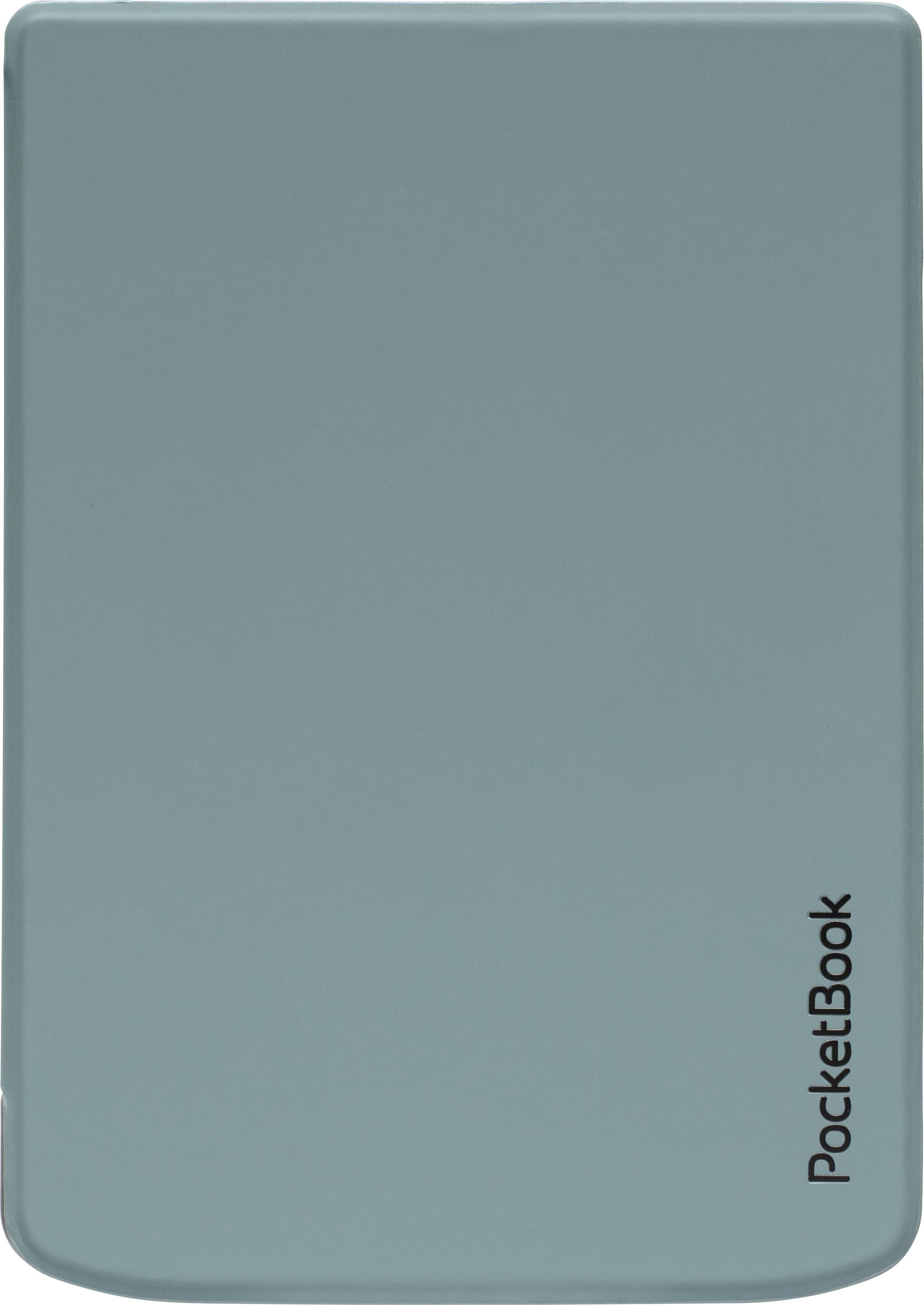 Ein geschlossenes Teal-PocketBook-E-Reader auf weißem Hintergrund, mit dem Markennamen vertikal nahe der unteren rechten Ecke gedruckt.