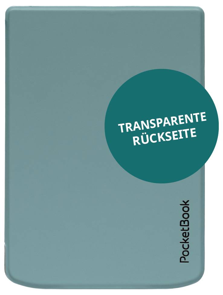 Türkisfarbener PocketBook-E-Reader-Umschlag mit einem kreisförmigen Etikett, auf dem 