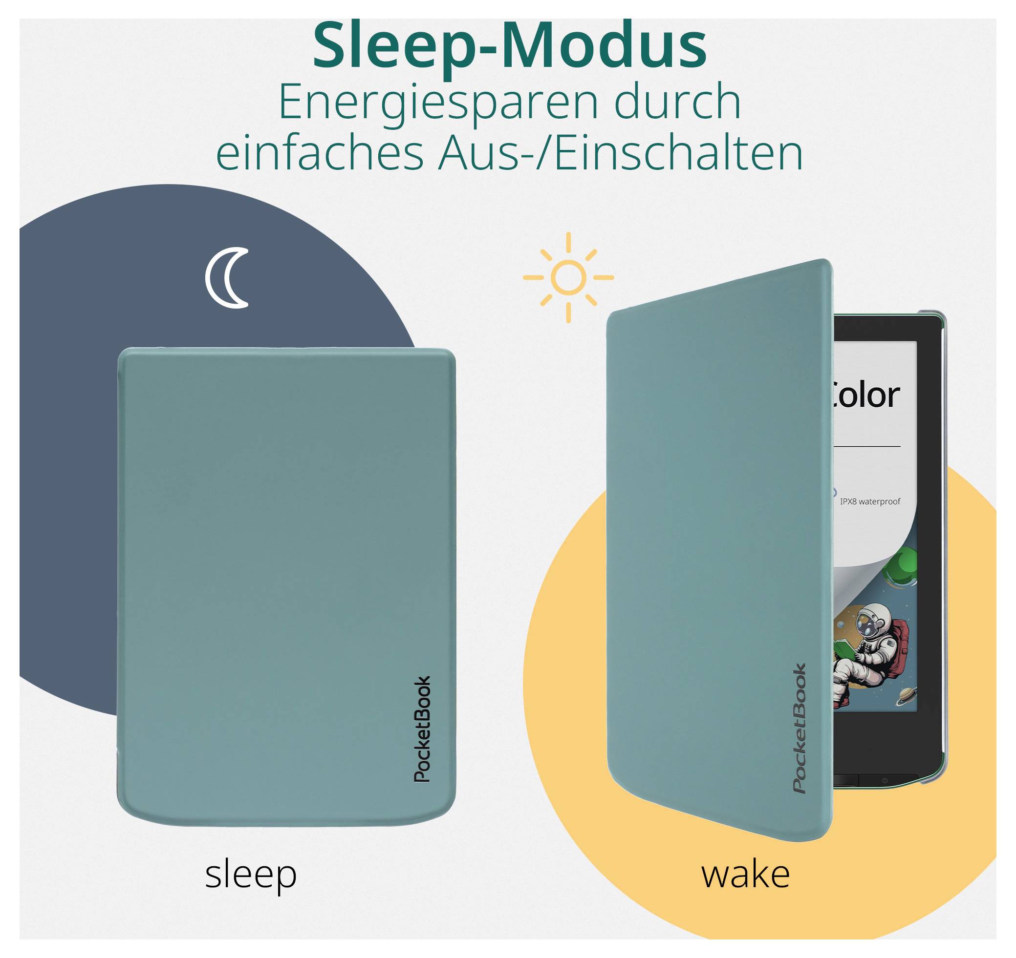 Grafik zeigt PocketBook E-Reader Schlafmodus: geschlossene Abdeckung mit Mondsymbol und „Schlaf