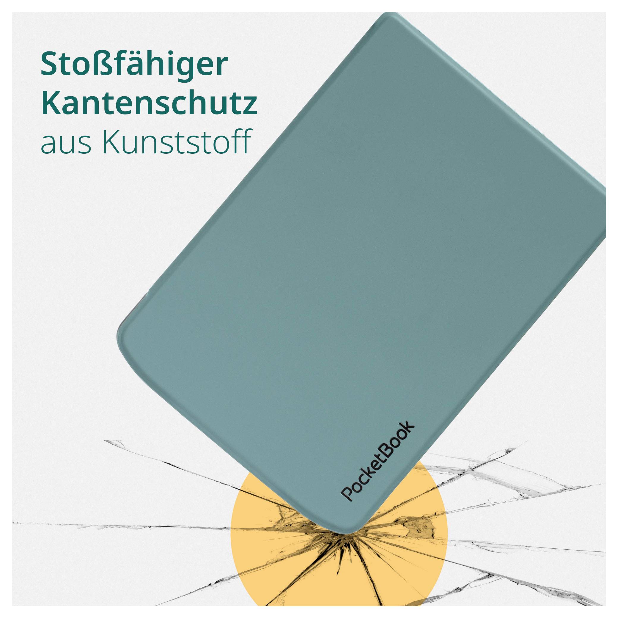 Teal PocketBook e-Reader mit Text „Stoßfähiger Kantenschutz aus Kunststoff