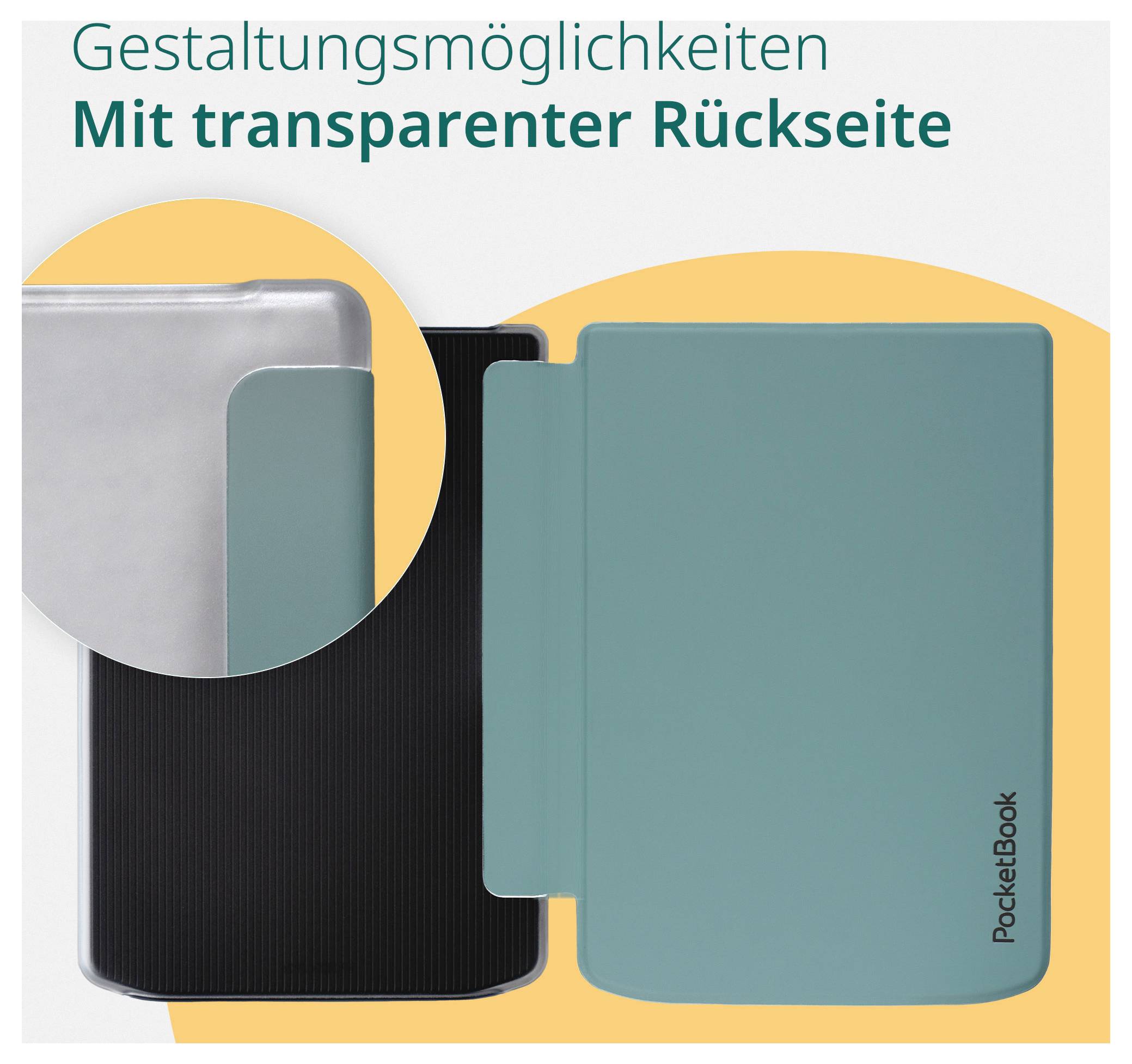 Teal PocketBook e-Reader Schutzhülle mit transparenter Rückseite, geöffnet dargestellt mit Vorder- und Rückansicht; der deutsche Text lautet „Gestaltungsmöglichkeiten Mit transparenter Rückseite