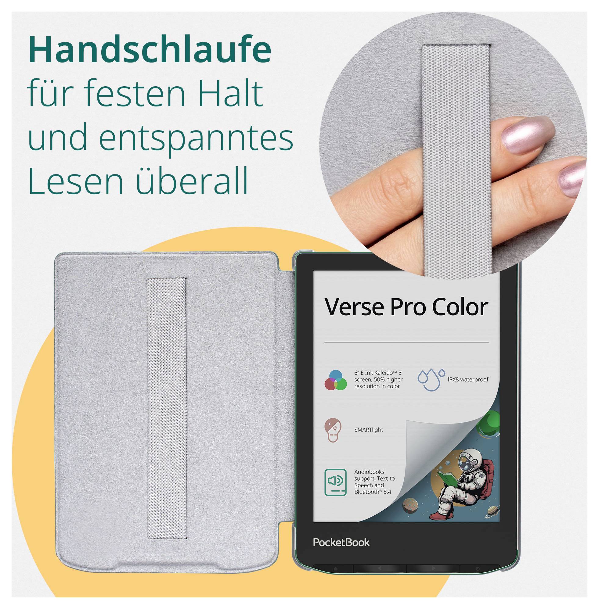 Anzeige für PocketBook Verse Pro Color E-Reader mit Handschlaufe für sicheren Halt und entspanntes Lesen überall; Text besagt „Handschlaufe für festen Halt und entspanntes Lesen überall
