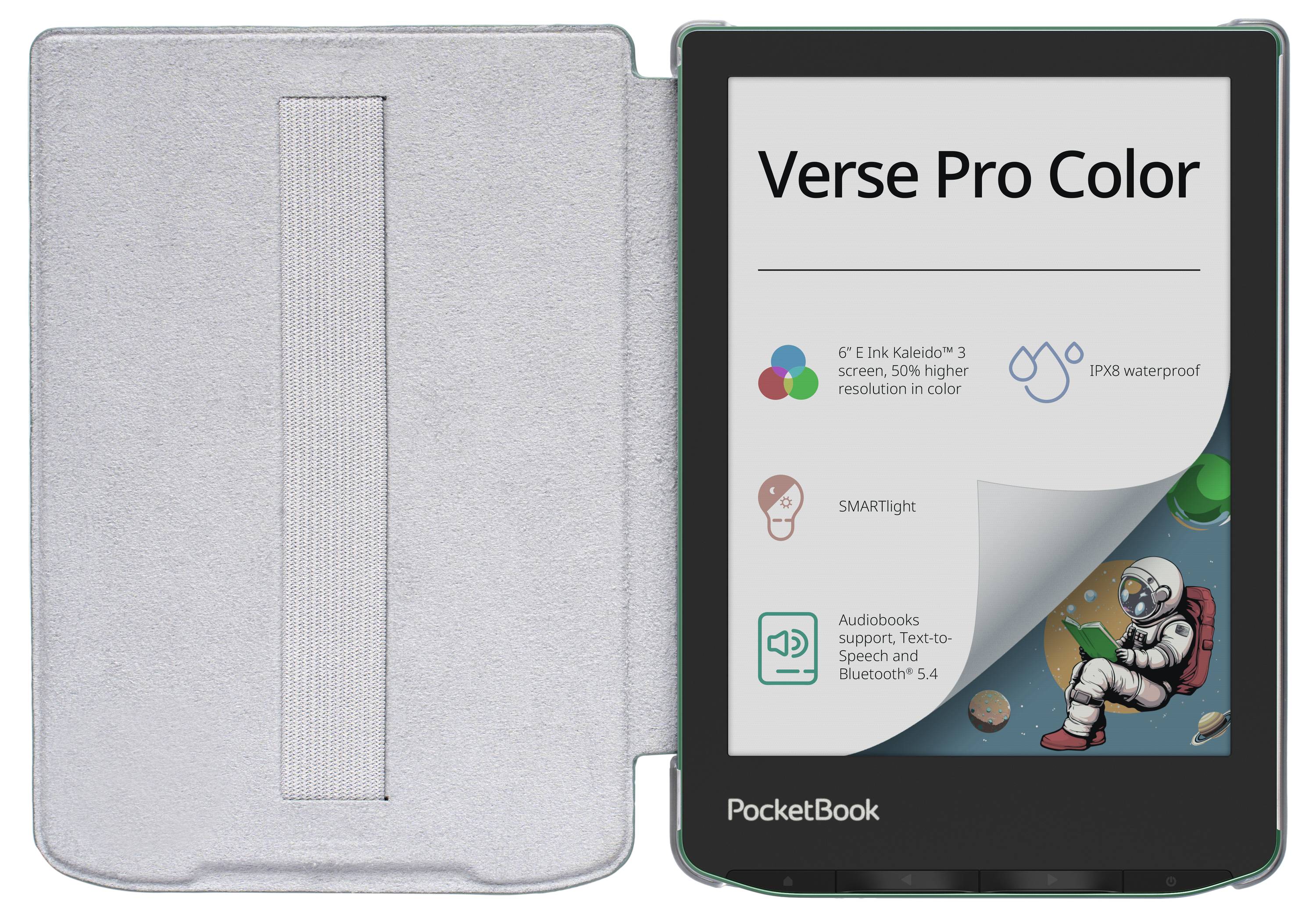 PocketBook Verse Pro Color E-Reader von vorne und hinten gezeigt, mit grauem Schutzhülle und Display, das Farbbildschirm, Wasserfestigkeit und SMARTlight-Funktionen hervorhebt.