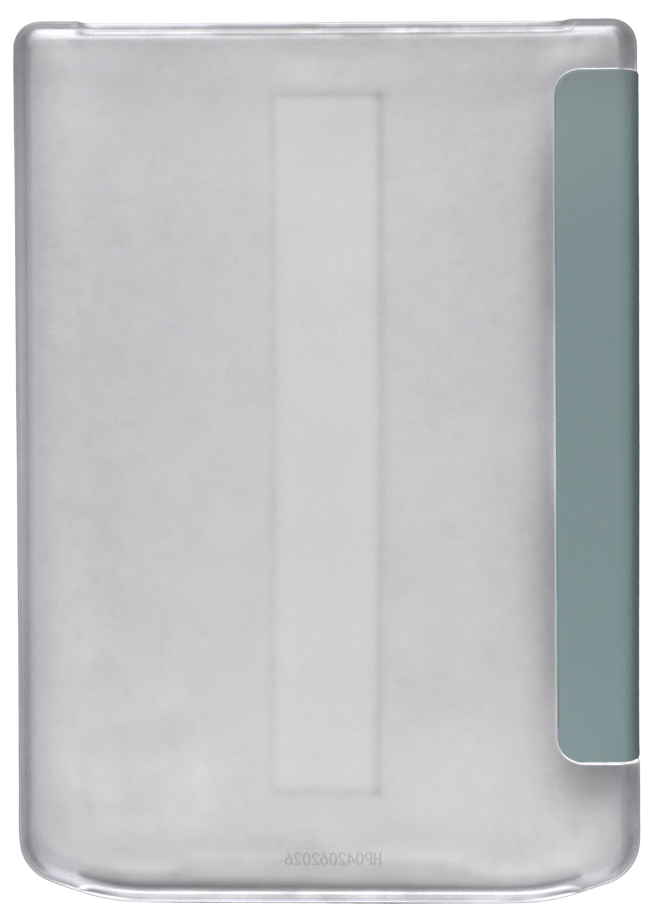Rückansicht eines silbernen Tablets in einer transparenten Schutzhülle mit einem blaugrünen seitlichen Griff oder einer Abdeckung.