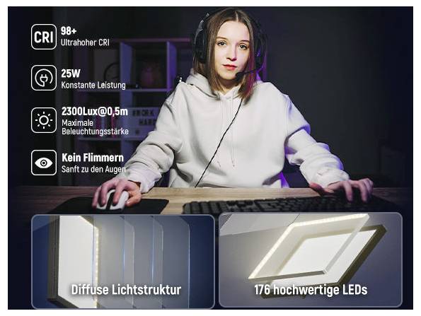 Frau nutzt Tastatur und Maus neben einem Monitor, mit deutschem Text, der ein Licht bewirbt: 
