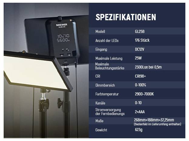 Produktfoto eines NEEWER LED-Lichtpanels mit deutschen Spezifikationen: Modell GL25B, 176 LEDs, 25W, 2300 Lux bei 0,5m, CRI98+, 2900-7000K, 0-100% Dimmung, Fernbedienung, Größe 268x188x37,25mm, 623g.