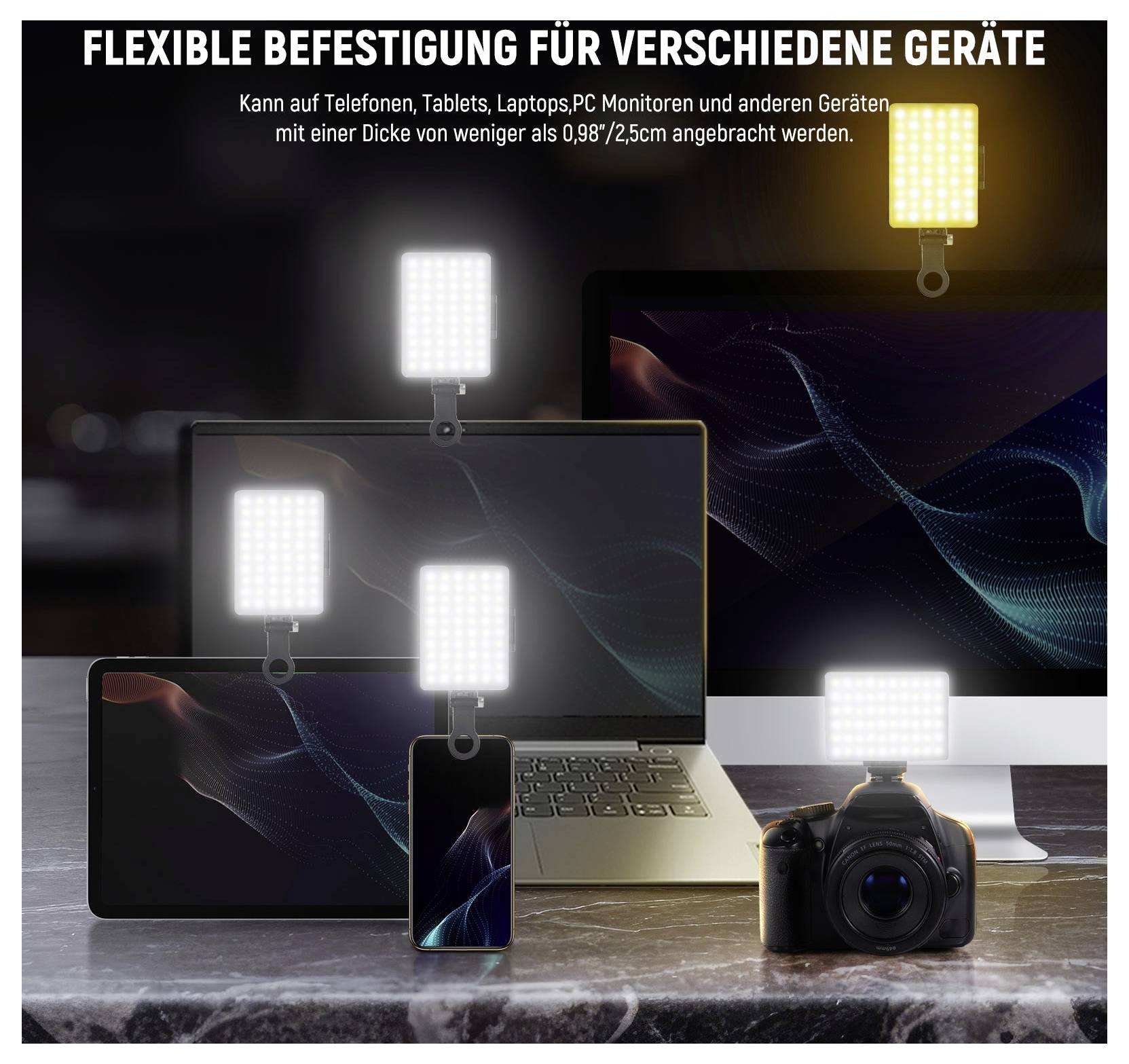 Selbstkleb bare LED-Lichtclips haften an Telefonen, Tablets, Laptops, Monitoren und einer Kamera; deutscher Text besagt flexible Montage für Geräte unter 0,98/2,5 cm Dicke.