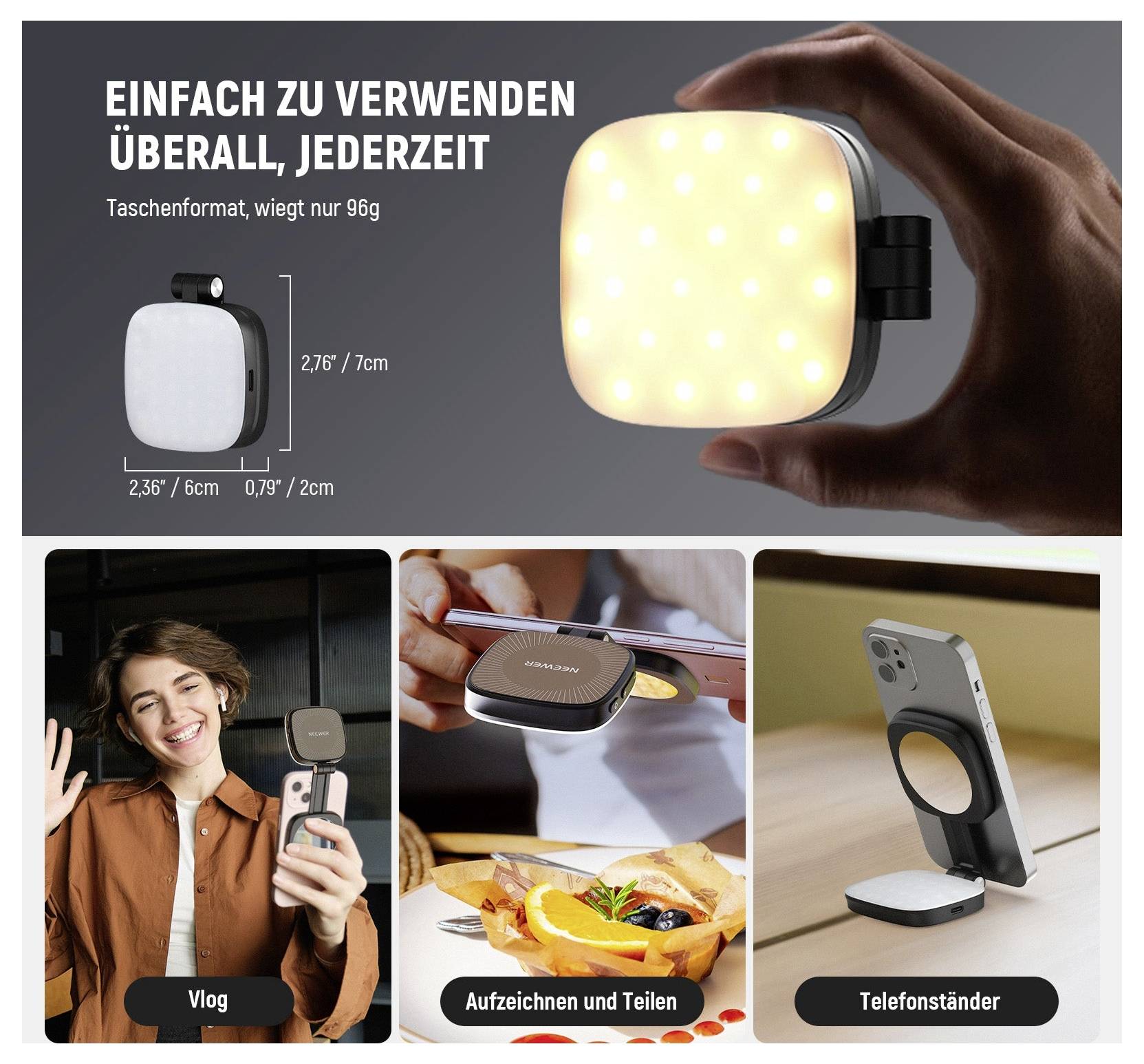Kompakte quadratische LED-Leuchte, in der Hand gezeigt mit deutschem Text „Einfach zu verwenden überall, jederzeit