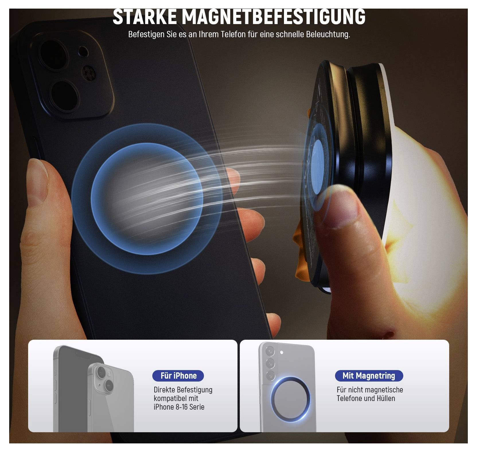 Werbegrafik für eine magnetische Handylichthalterung, die zeigt, wie ein Gerät an einem iPhone einrastet; der Text besagt „starke magnetbefestigung