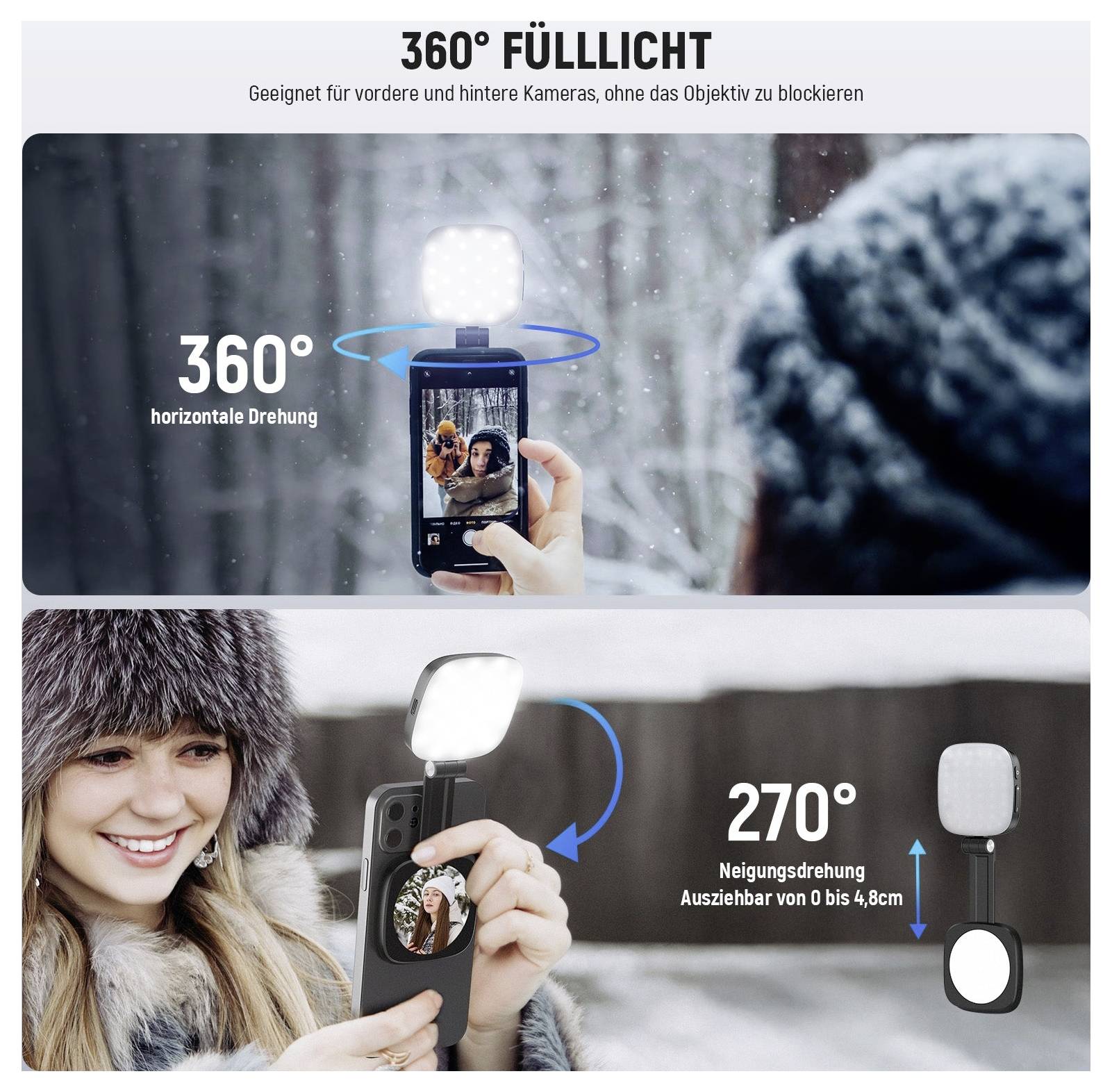 Werbegrafik für ein 360°-Ringlicht mit Front- und Rückkameras; zeigt horizontale Rotation und 270°-Neigung mit verstellbarer Verlängerung.