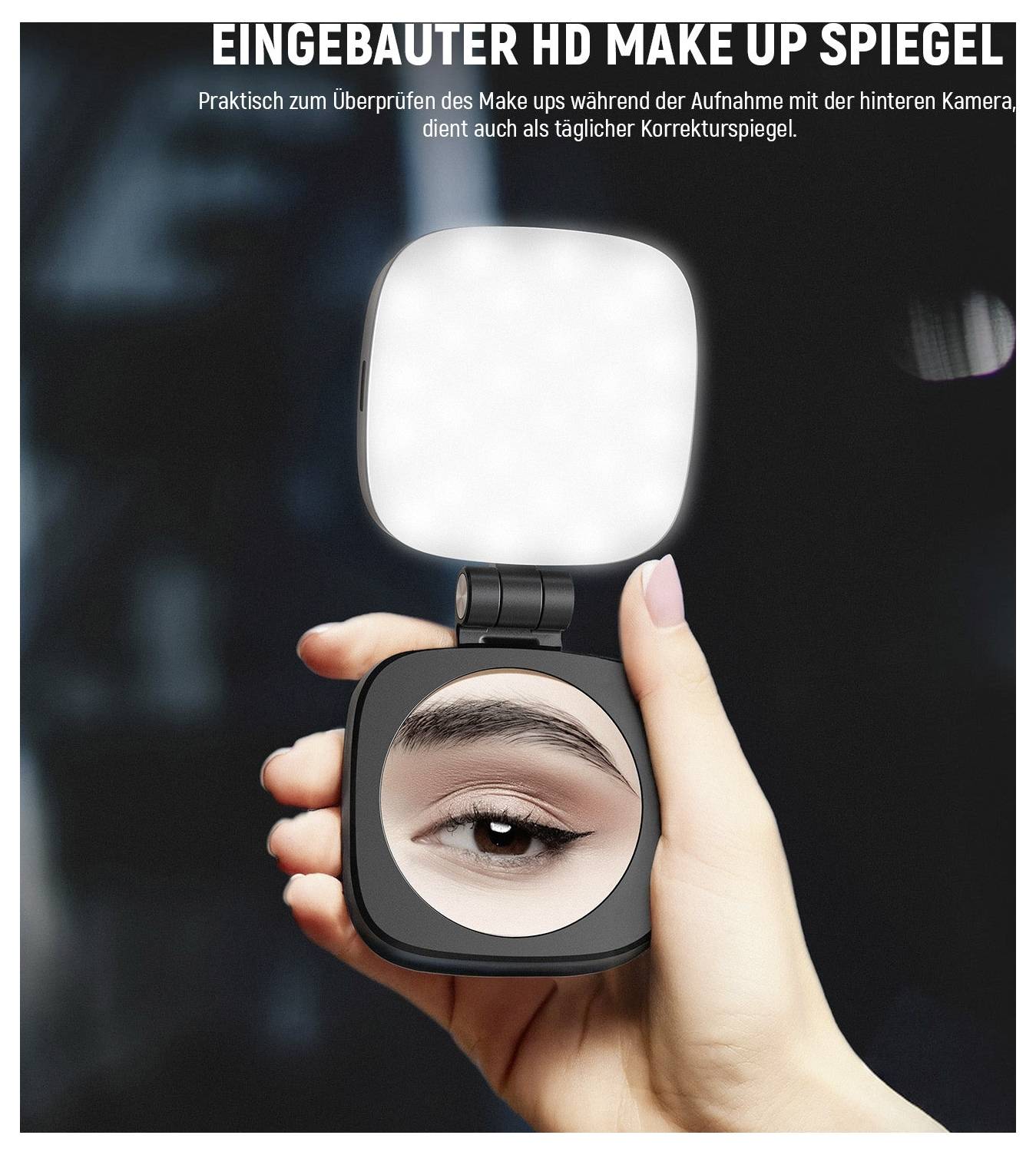 Eine Hand, die einen tragbaren Spiegel mit LED-Licht und eingebautem HD-Make-up-Spiegel hält, auf dem ein Auge zu sehen ist, beschriftet mit „EINGEBAUTER HD MAKE UP SPIEGEL