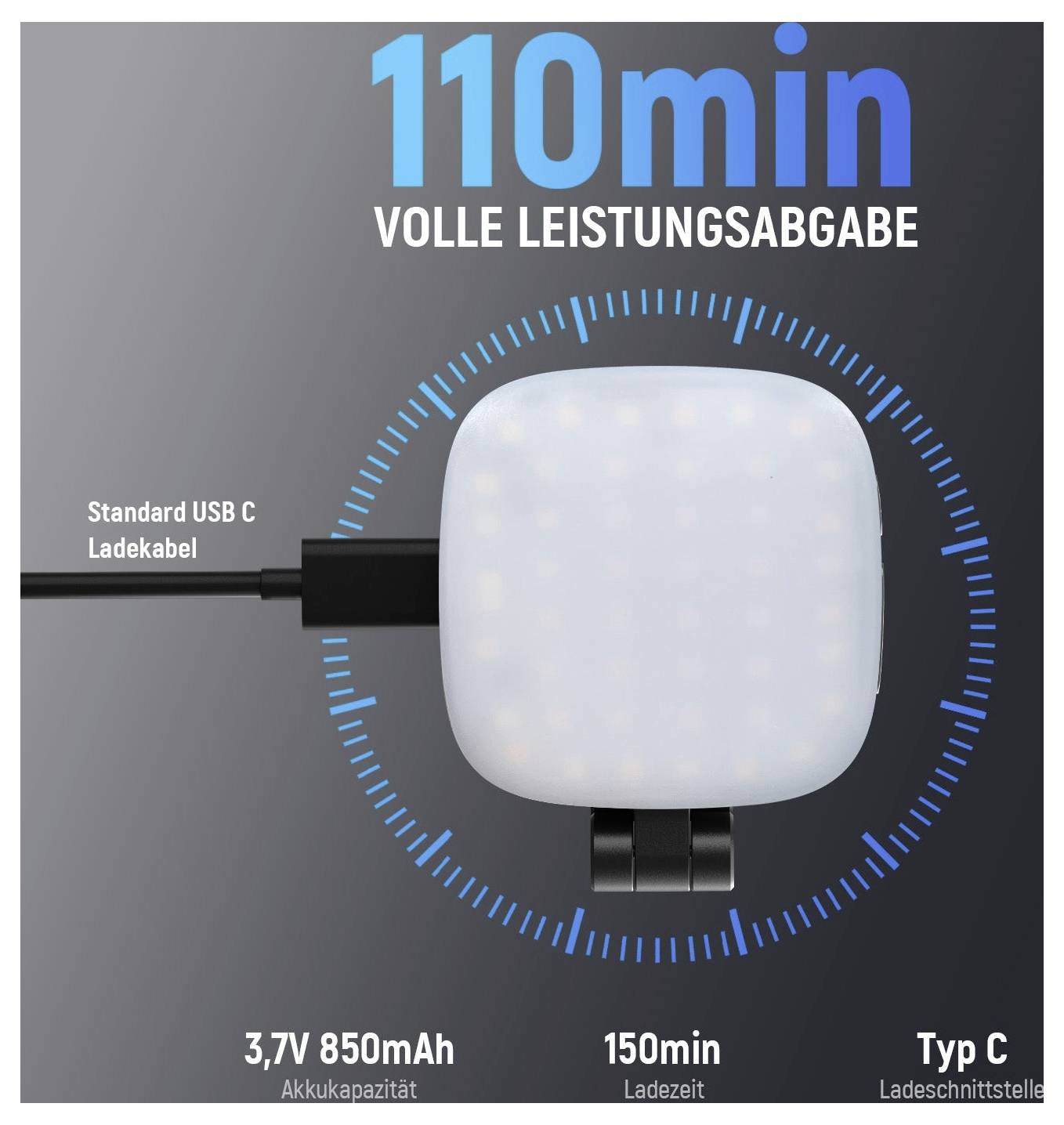 Produktgrafik eines quadratischen weißen Ladeetuis mit USB-C-Kabel, gekennzeichnet mit „110min VOLLE LEISTUNGSGABE