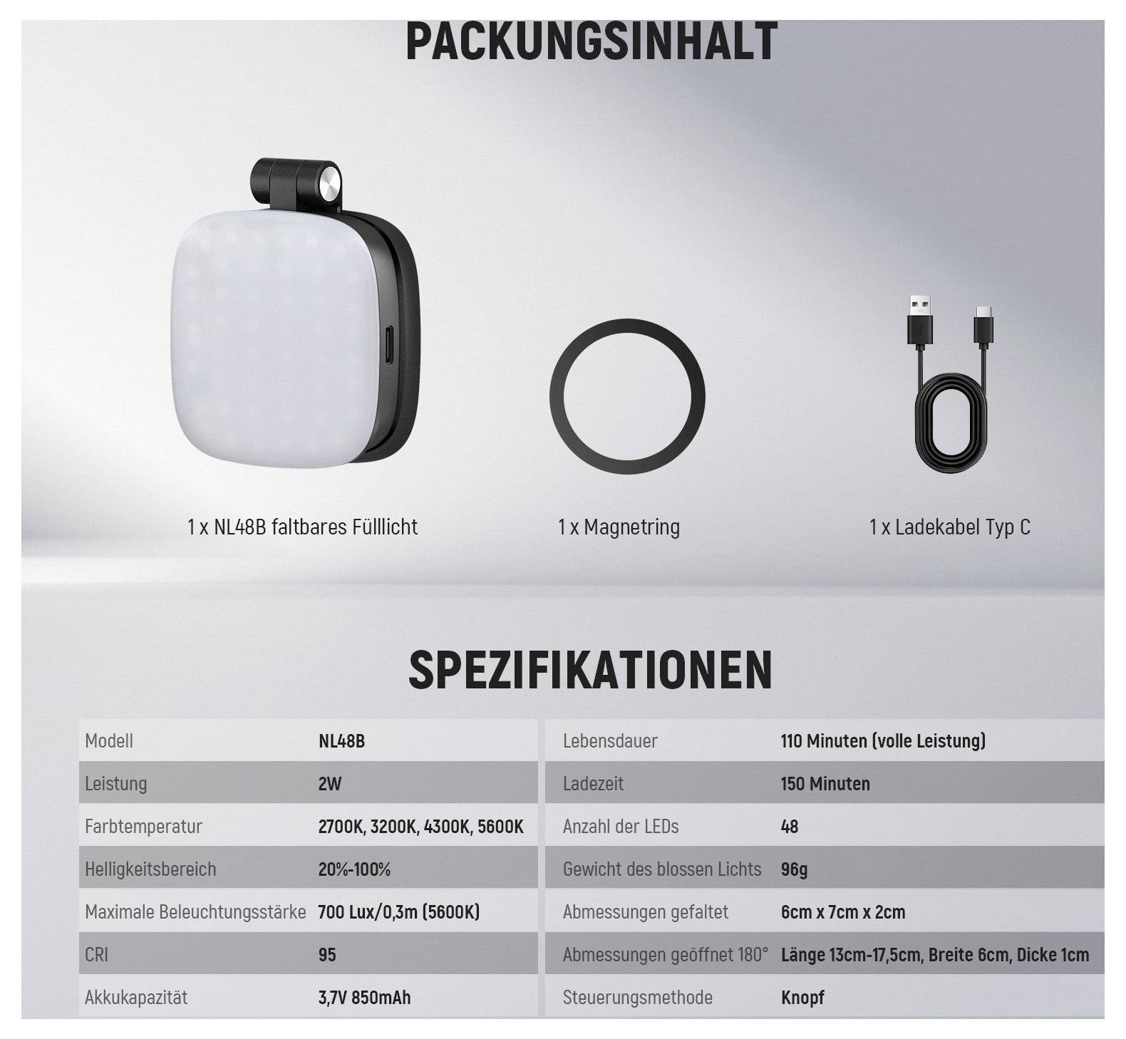 Inhalt der deutschen Produktverpackung und Spezifikationen für ein wiederaufladbares LED-Licht: Licht, Magnetring, USB-C-Kabel; 2W, 2700K-5600K, Laufzeit von 110 Minuten.