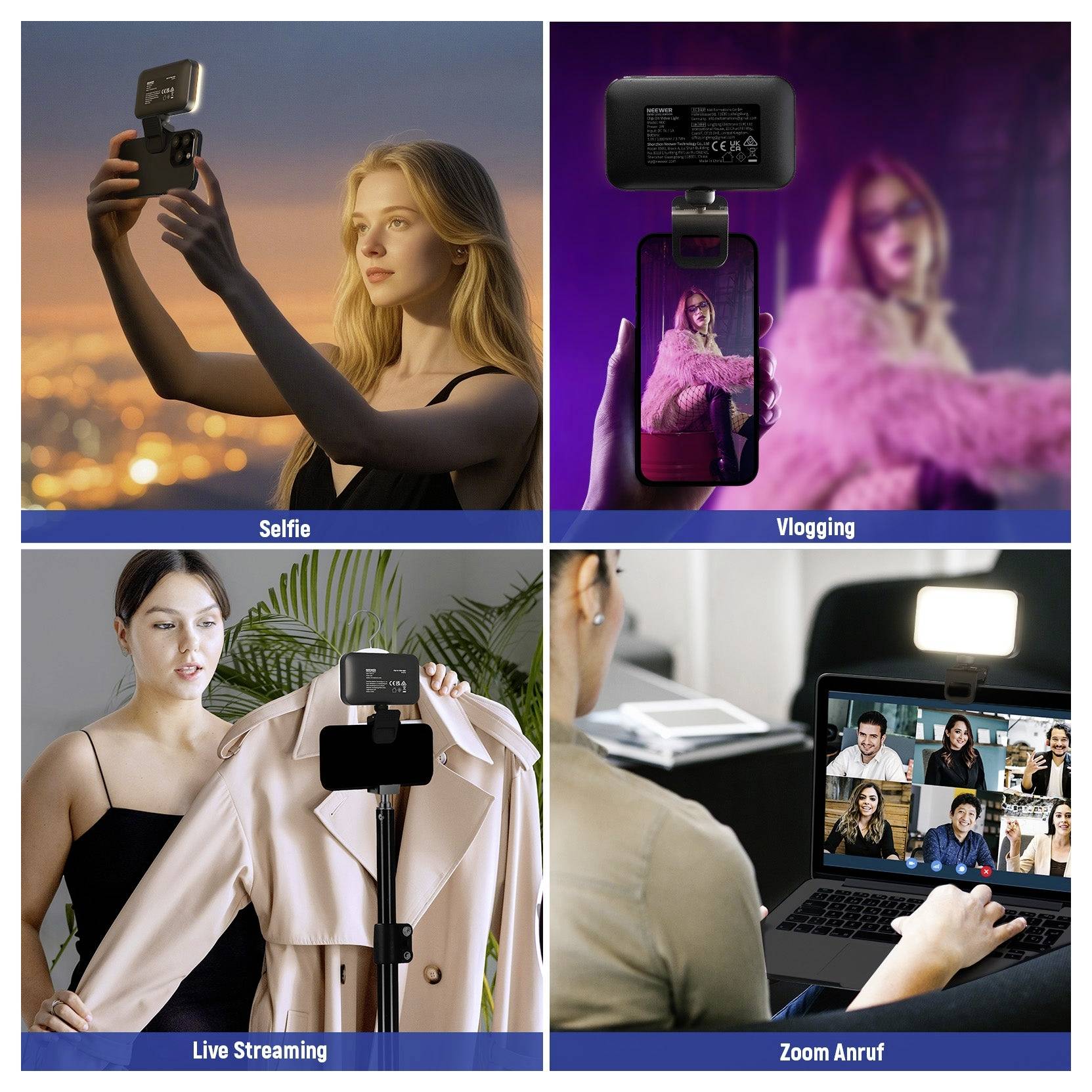 Vier-Panel-Collage zur Smartphone-Inhaltserstellung: Selfie, Vlogging, Live-Streaming mit Kleidung und ein Zoom-Videoanruf auf einem Laptop.