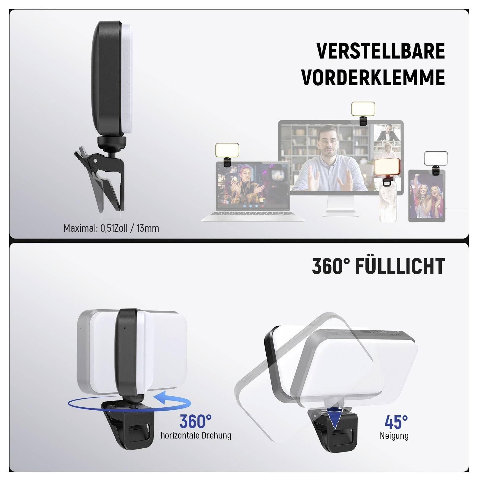 Werbegrafikzeigt ein Clip-Licht mit verstellbarer Vorderklammer, 360° horizontale Rotation und 45° Neigung für Telefone, Laptops und Monitore.