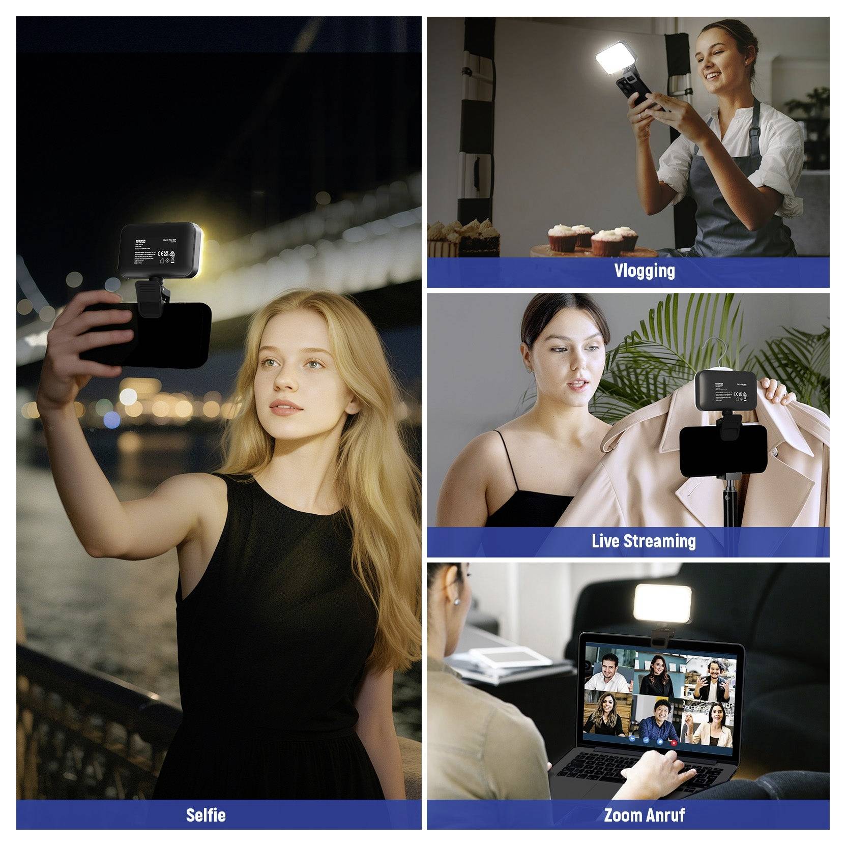 Collage mit einer Frau, die ein an das Telefon montiertes Licht/eine Kamera für Selfies, Vlogging, Live-Streaming und einen Zoom-Anruf verwendet.