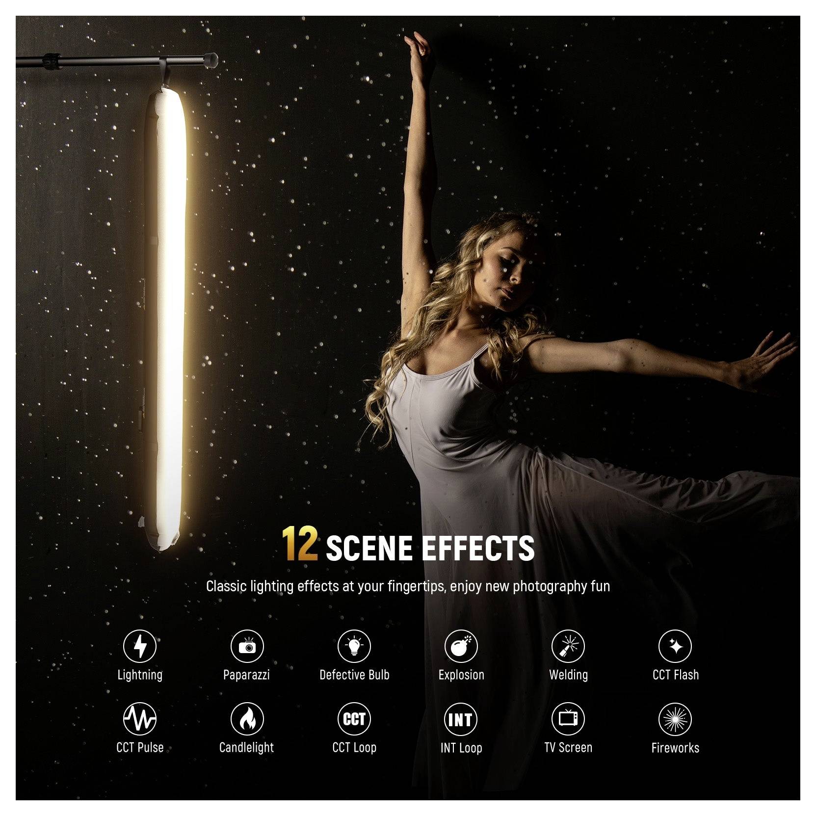 Werbeplakat eines Tänzers unter einem hellen vertikalen Licht mit dem Titel „12 SCENE EFFECTS