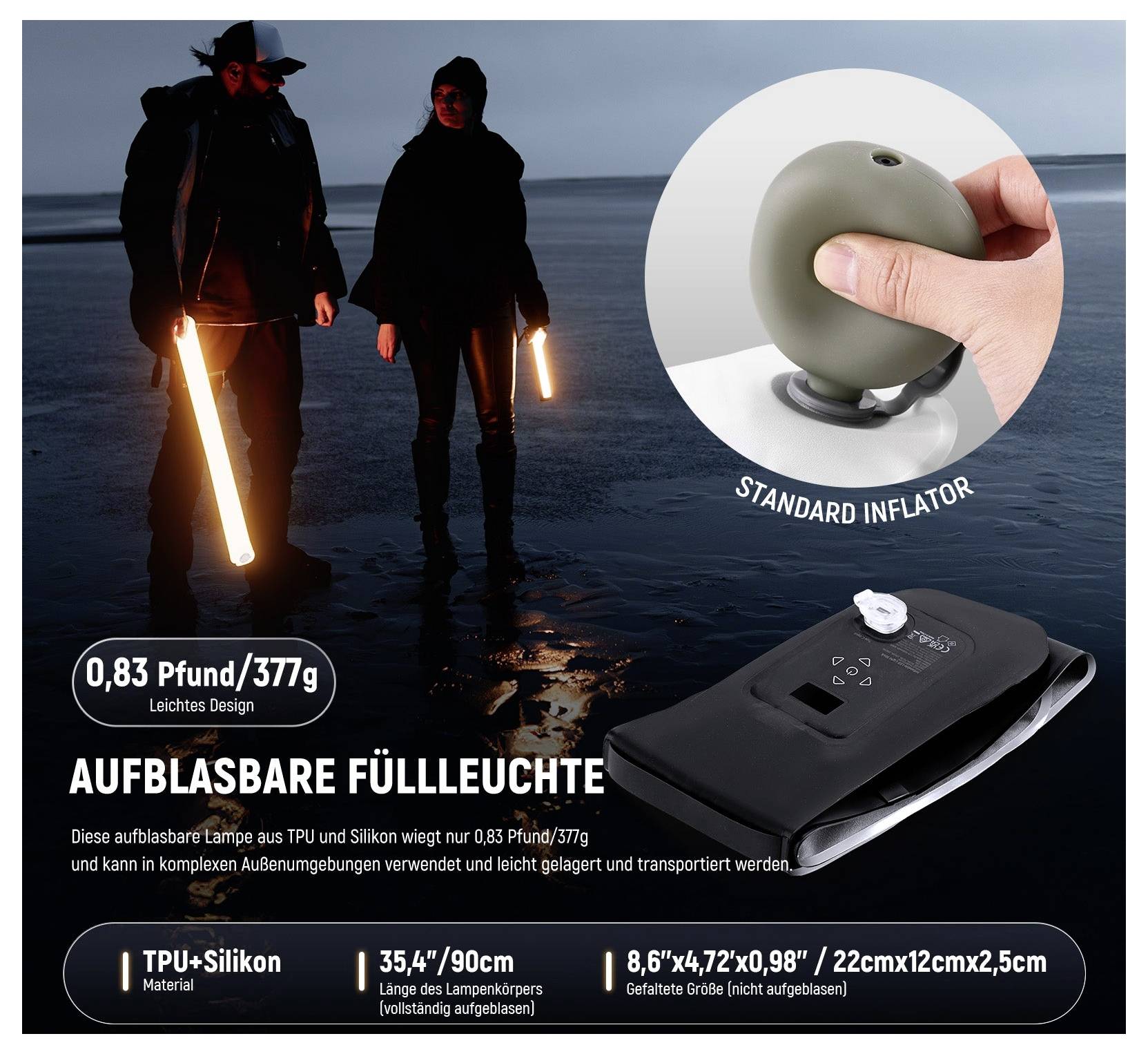 Werbeplakat für ein aufblasbares Füllicht: Zwei Personen halten leuchtende Röhren in einer dunklen Außenszene; Der Einsatz zeigt eine Standard-Luftpumpe und Produktspezifikationen in Deutsch.