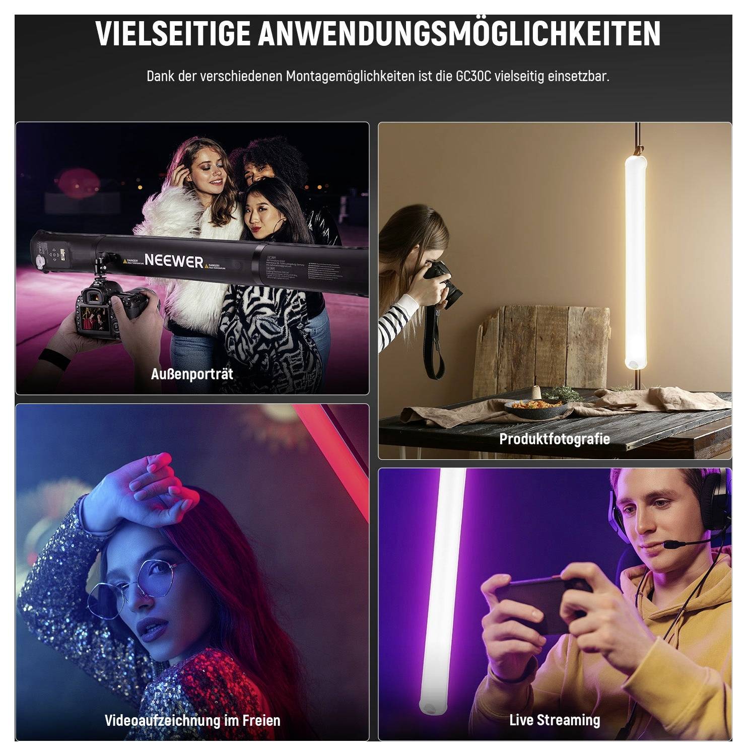 VIELSEITIGE ANWENDUNGSMÖGLICHKEITENAußenporträtfotografieProduktfotografieAußenvideoproduktionLive-Streaming