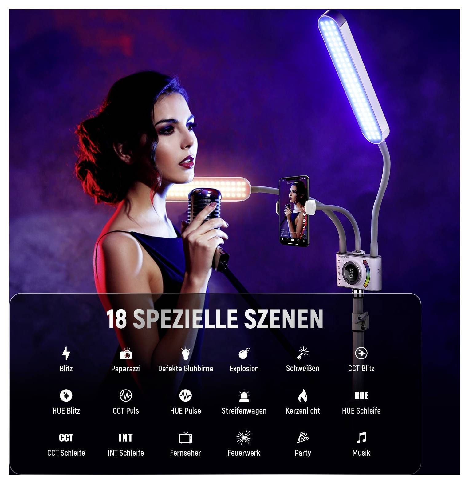 Werbebild einer Frau, die in ein Mikrofon neben einem Smartphone und einer LED-Leuchte singt, mit der Bewerbung von „18 SPEZIELLE SZENEN