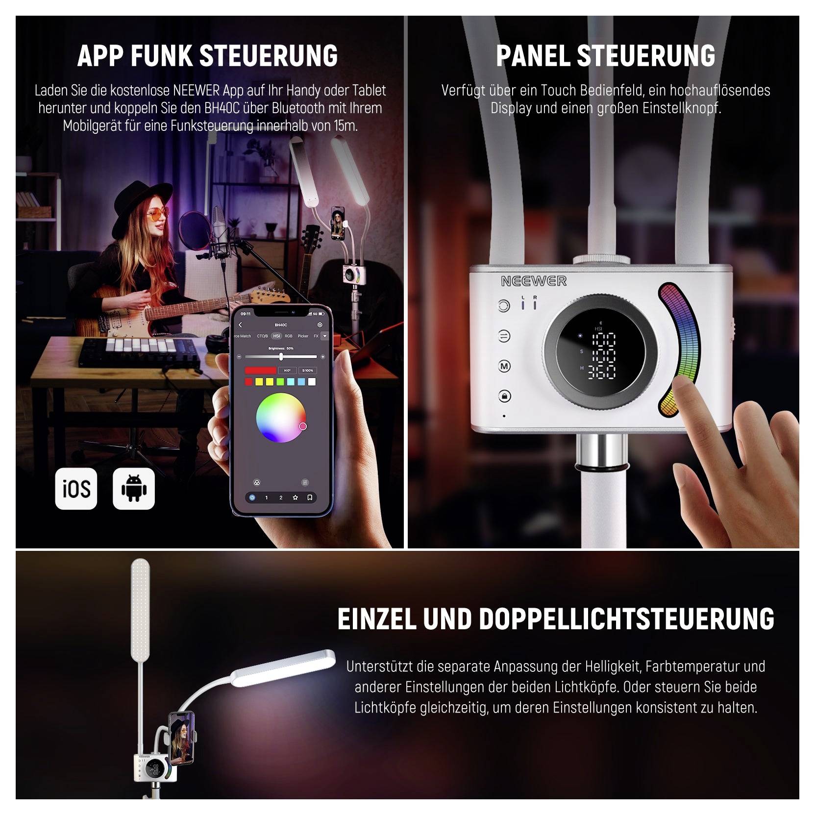 Werbegrafik, die Smartphone-App-Steuerung und Panel-Steuerung für ein Neewer-Licht zeigt: App passt Farbe und Helligkeit an, Panel hat Touch-Dial und separate Einfach-/Doppellicht-Steuerung.