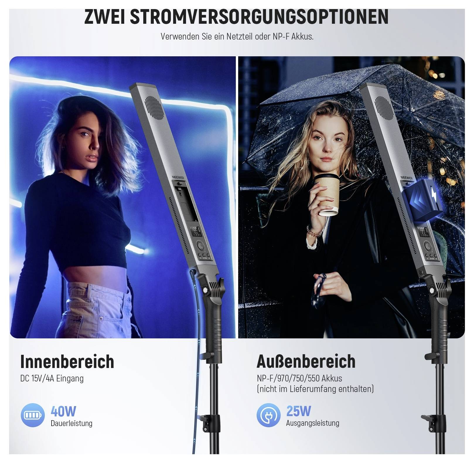Produktgrafik zum Vergleich zweier Stromversorgungsoptionen für eine Leuchte: 