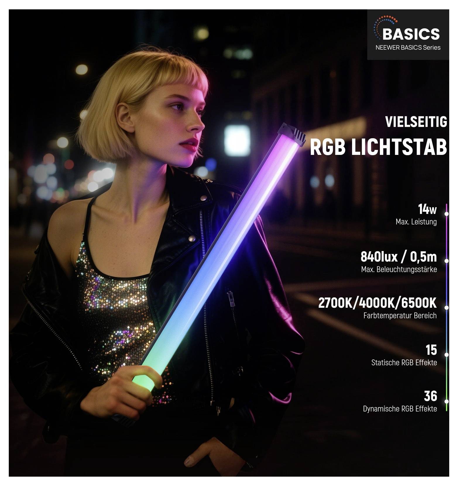 Frau hält einen leuchtenden RGB-Lichtstab; der Anzeigentext lautet „VIELSEITIG RGB LICHTSTAB