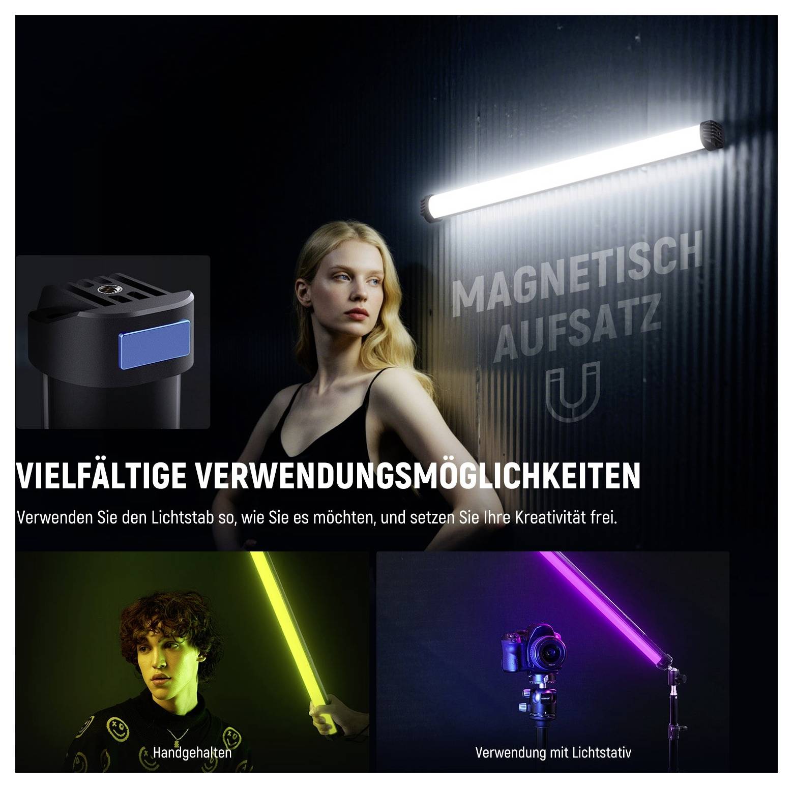Werbegrafik für eine magnetische Lichtanbringung, die eine Frau neben einem leuchtenden Streifen zeigt und zwei Verwendungsbeispiele: tragbar und mit einem Lichtstativ.