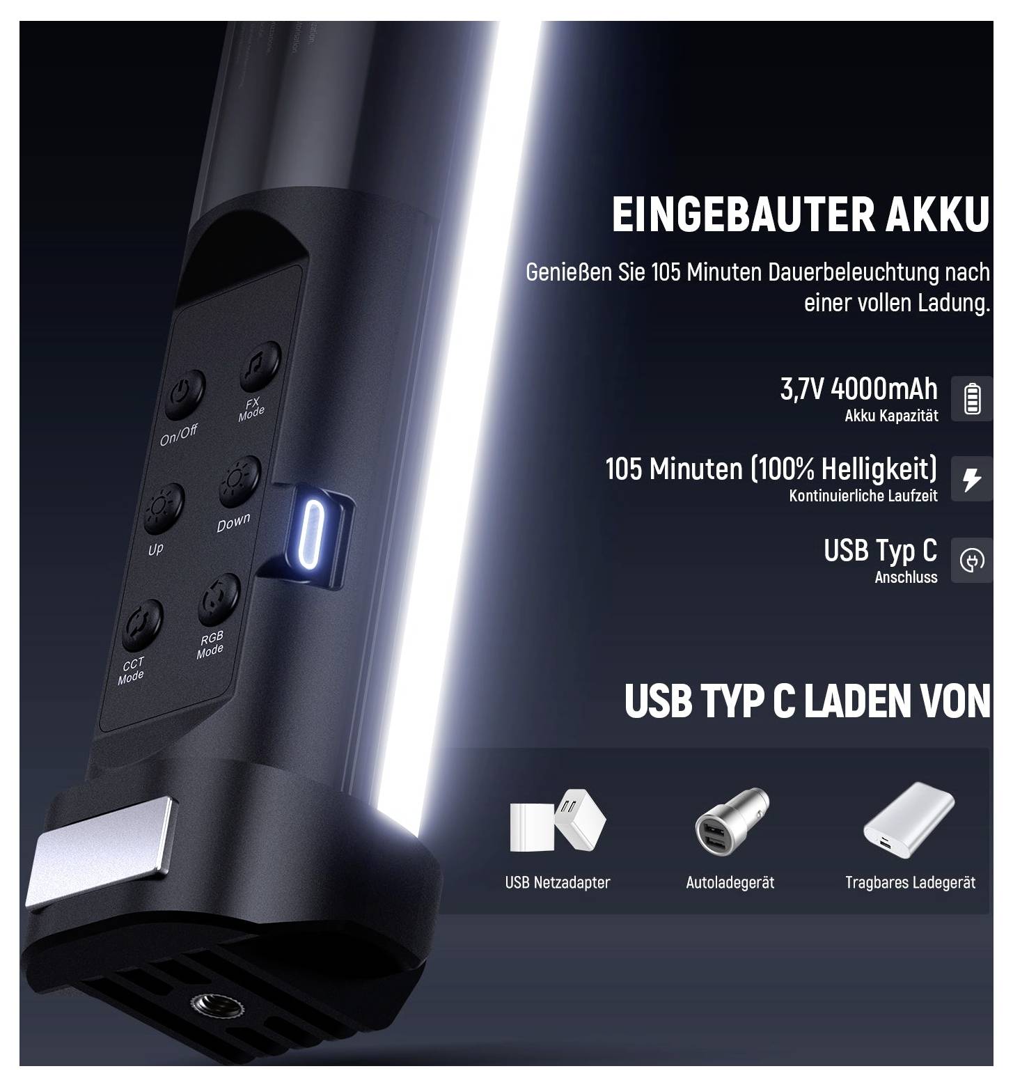 Werbebild einer tragbaren LED-Leuchte mit integriertem Akku, das Bedienelemente und USB-C-Ladefunktion zeigt. Der deutsche Text hebt eine Kapazität von 3,7V 4000mAh und eine Laufzeit von 105 Minuten hervor.