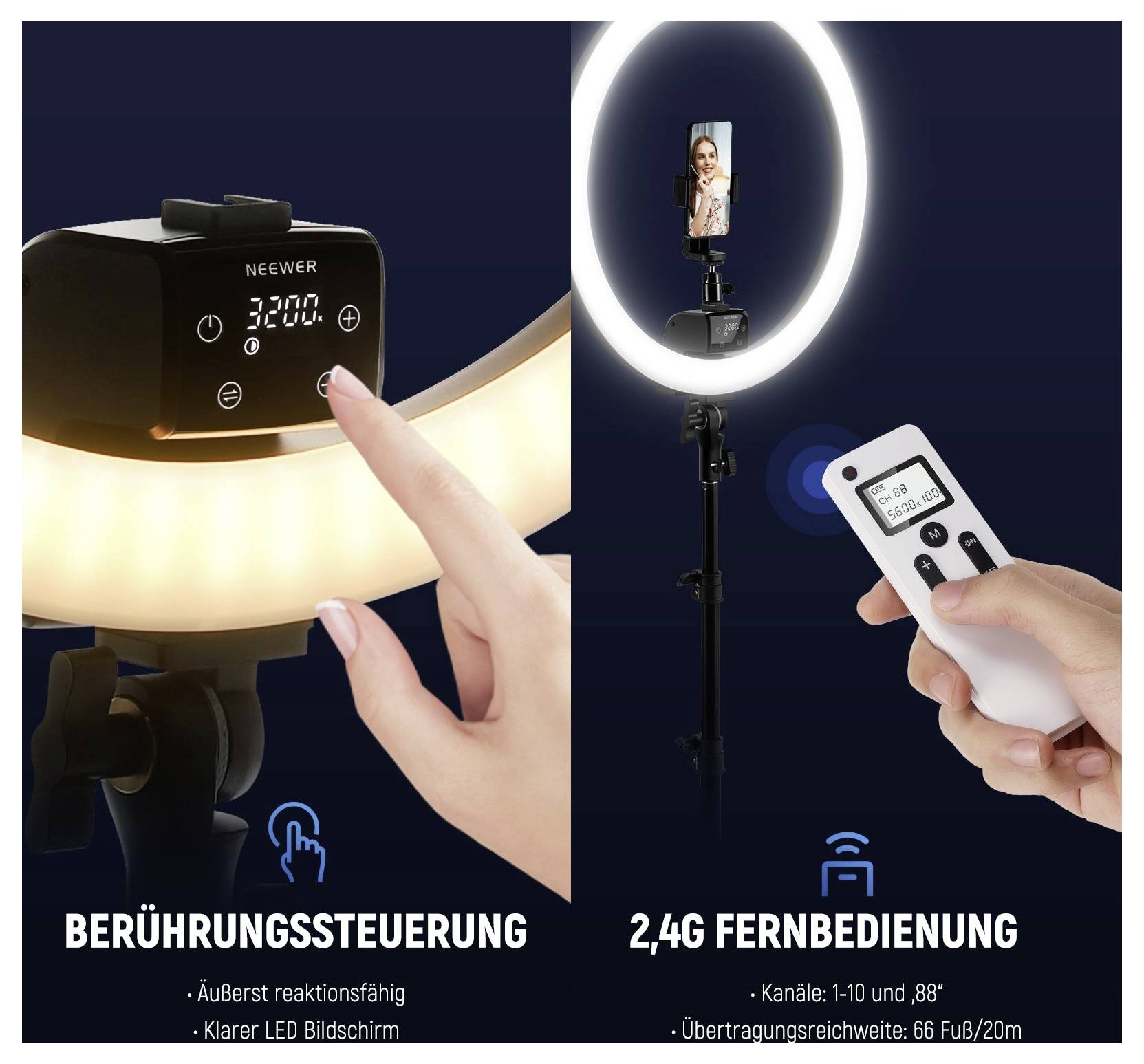 Werbebild einer Ringleuchte mit Smartphone-Halter, das Touchsteuerungen und eine 2,4-G-Fernbedienung zeigt; der Text hebt eine Reichweite von 1–10 m und 88+ Kanäle hervor.