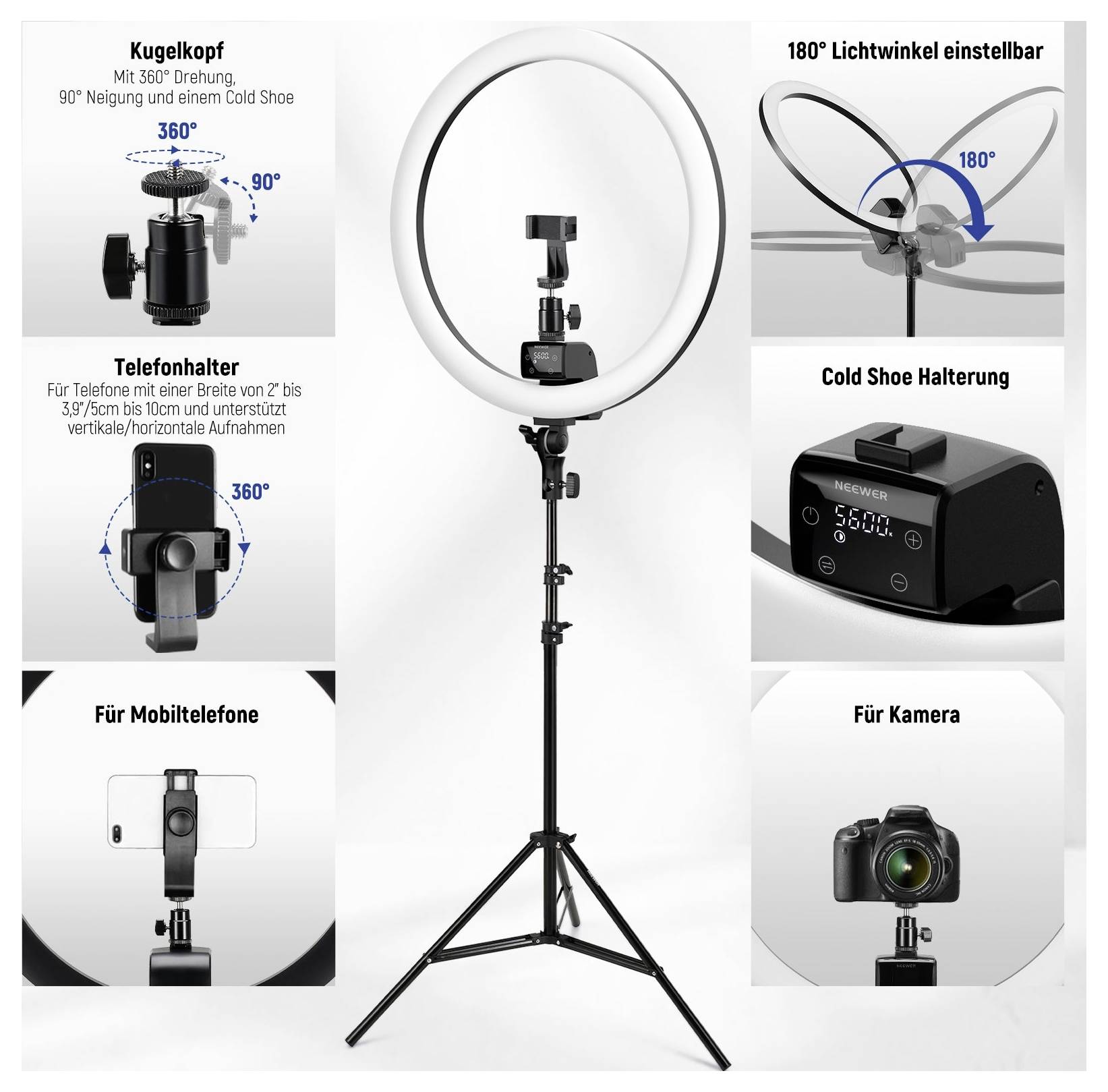 Produktcollage eines Ringlicht auf einem Stativ mit verstellbarem Kugelkopf, 180° Neigung, Schuh-Halterung und Telefon-/Kamerahaltern für vertikale oder horizontale Nutzung.