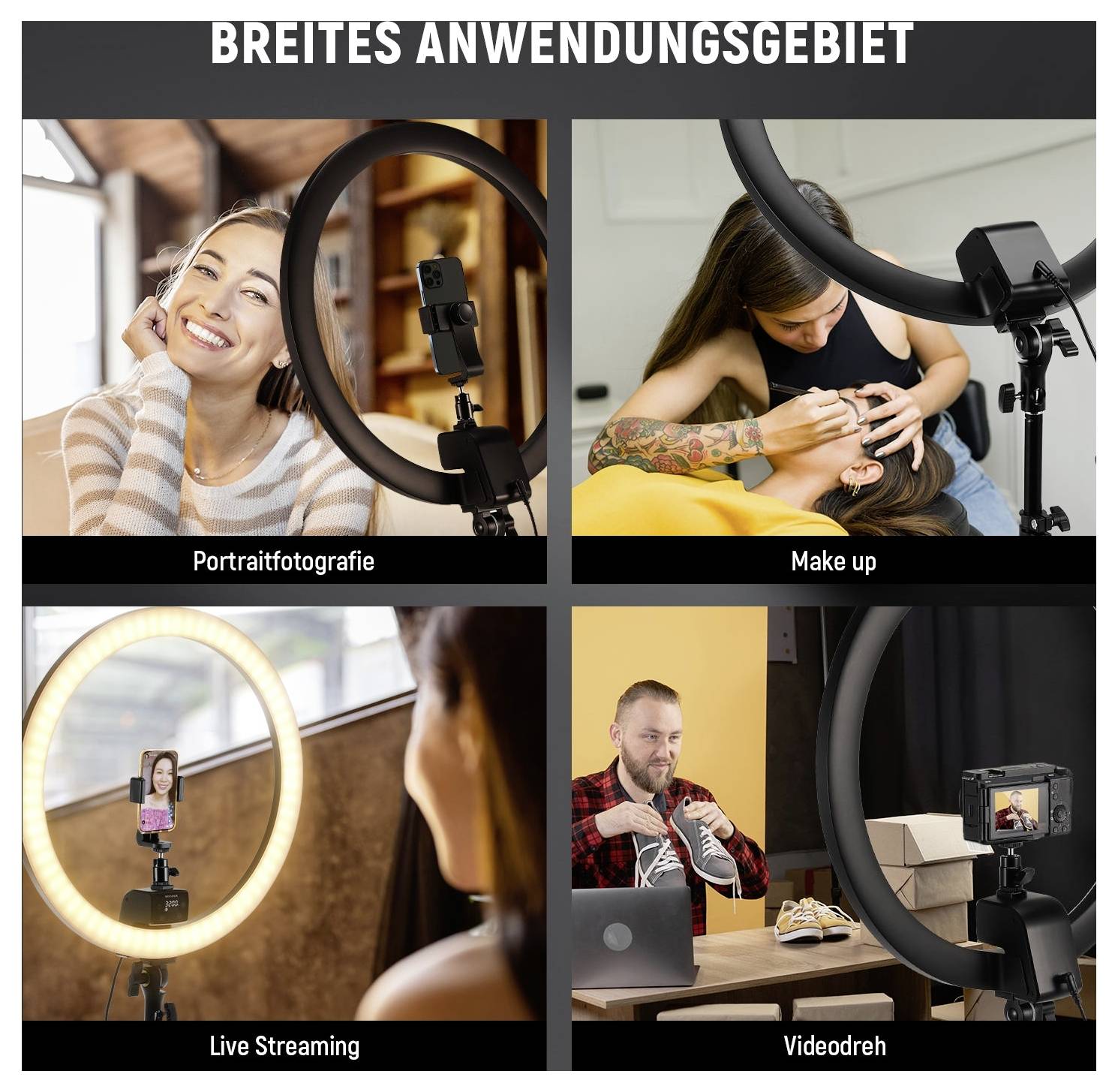 Vierfeld-Collage mit dem Titel „BREITES ANWENDUNGSGEBIET