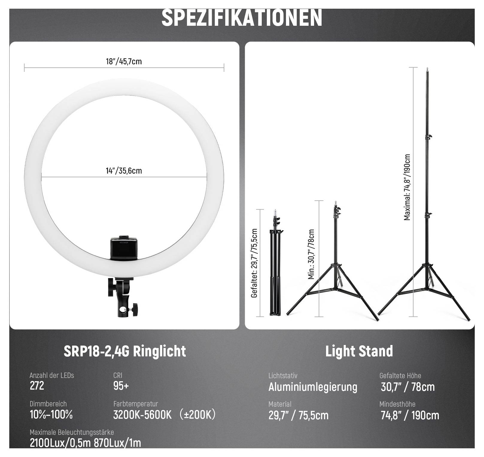 Produktspezifikationen-Grafik für ein SRP18-2.4G-Ringlicht und Lichtständer, das ein Ringlicht mit Größe 18