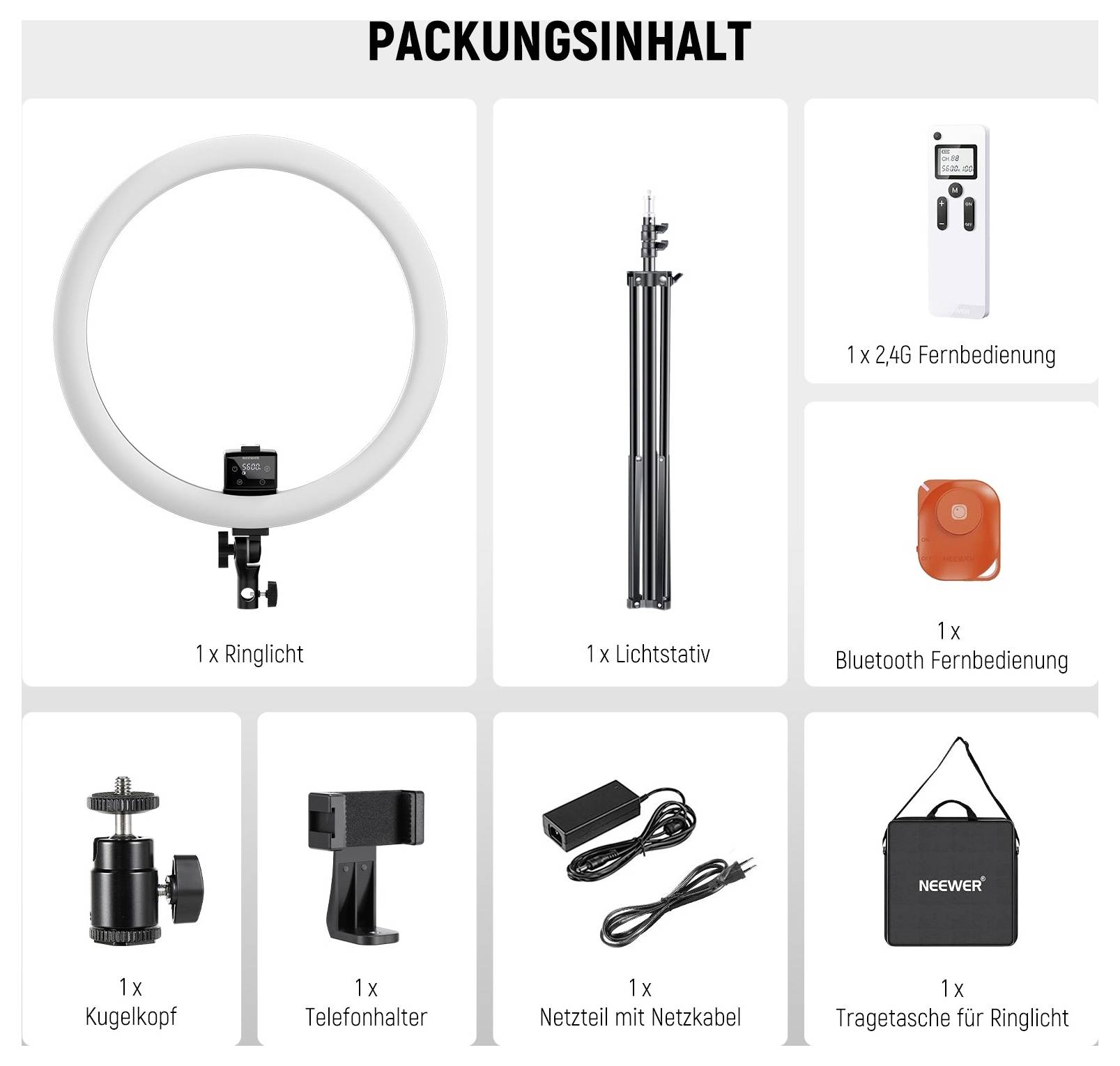 Paketinhalt für ein Ringlicht-Set: Ringlicht, Lichtstativ, 2,4G-Fernbedienung, Bluetooth-Fernbedienung, Kugelkopf, Telefonhalter, Netzteil und Tragetasche.