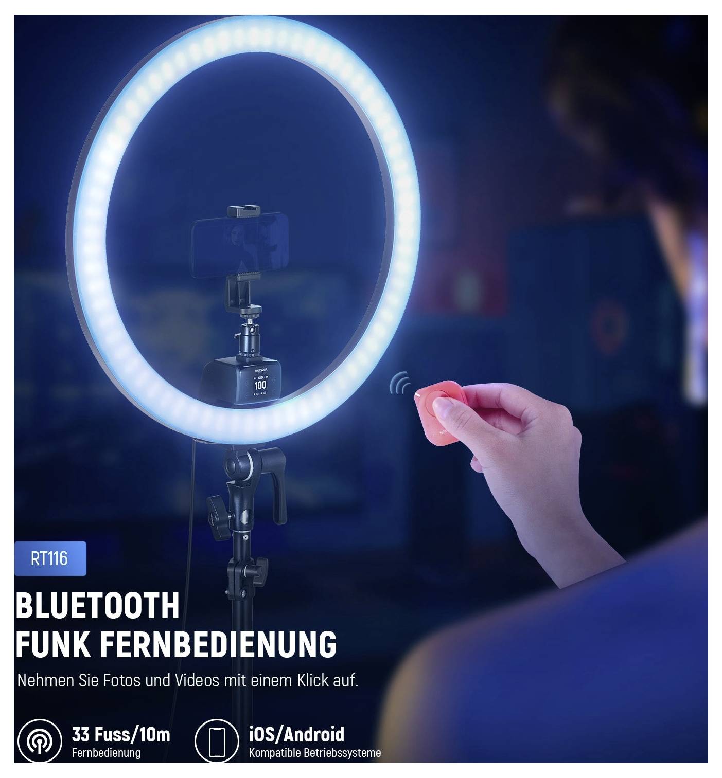 Bluetooth-Fernbedienung für Ringlicht und Kamerastativ; Hand drückt einen Knopf, mit Text „BLUETOOTH FUNK FERNBEDIENUNG