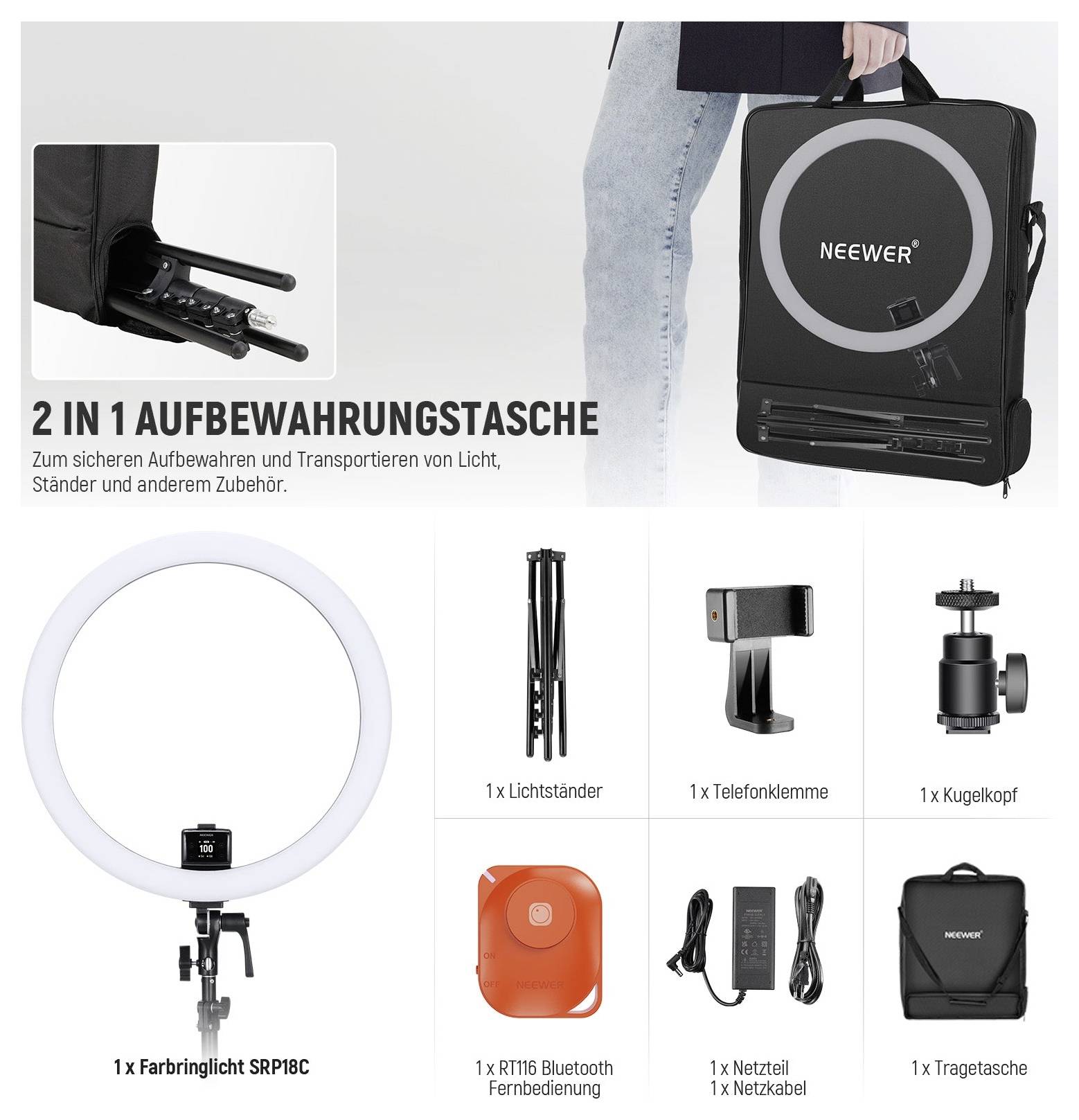 Neewer-Lichtkits-Verpackung mit einer Tragetasche und enthaltenen Artikeln: Ringlicht, Stativ, Telefonhalterung, Kugelkopf, Fernbedienung, Stromadapter und Aufbewahrungstasche.