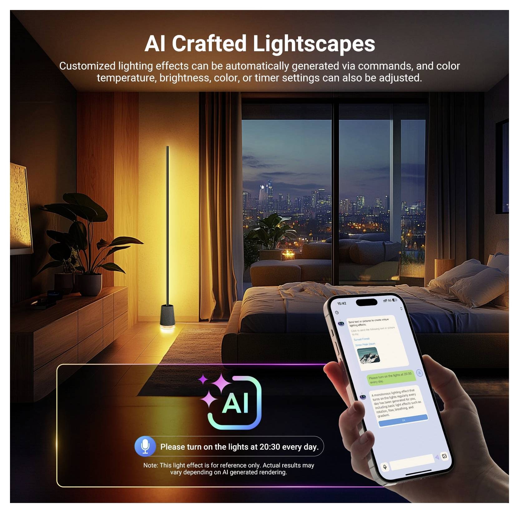 Schlafzimmer mit KI-gesteuerter Beleuchtung und einer Telefon-App, die den Text „AI Crafted Lightscapes