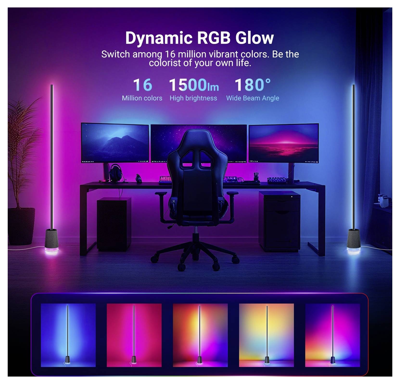 Werbebild von RGB-Bodenleuchten neben einem Gaming-Schreibtisch und Monitoren, mit Text, der 