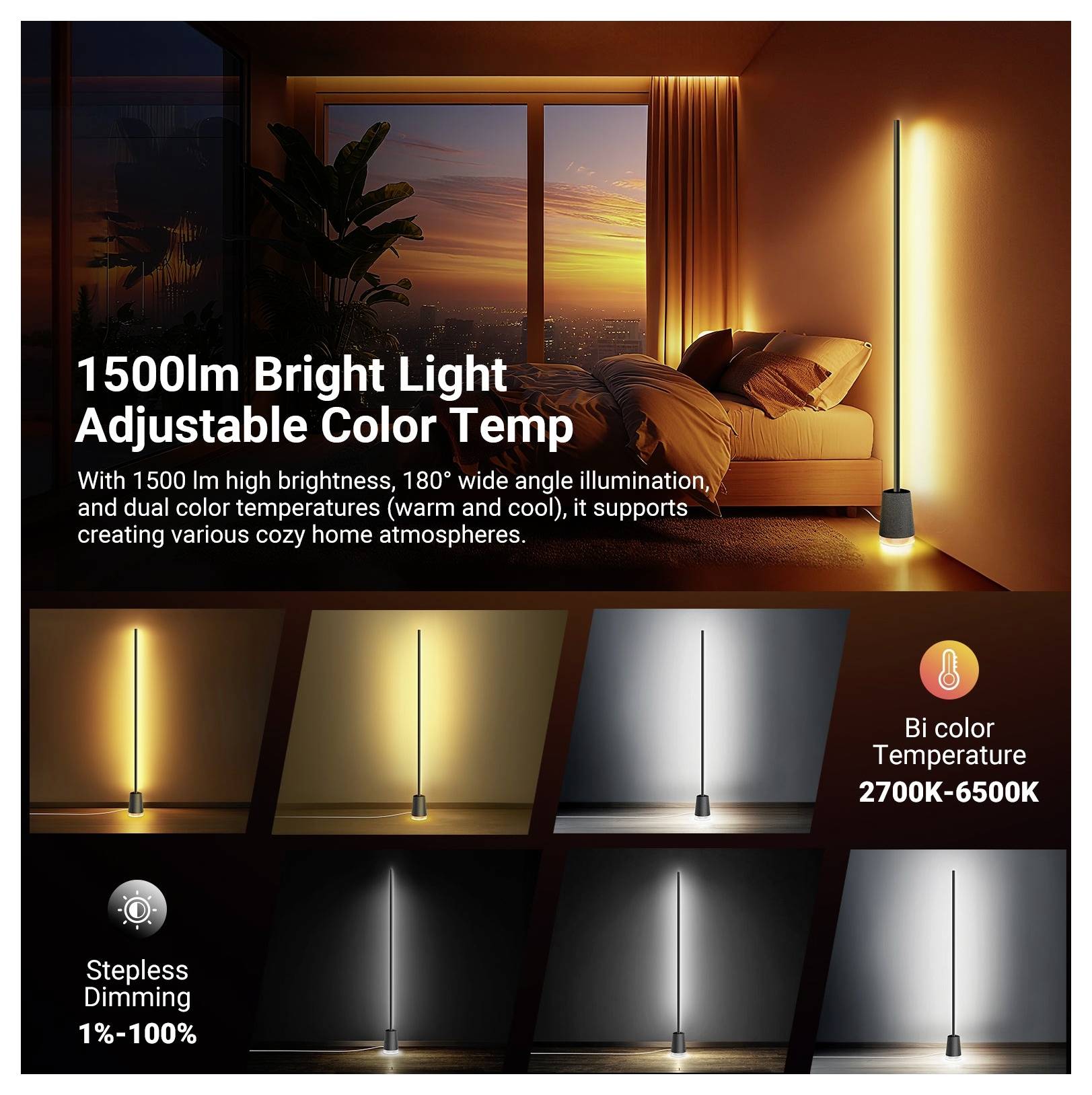 Produktgrafik einer Stehleuchte in einem Schlafzimmer, die „1500lm helles Licht