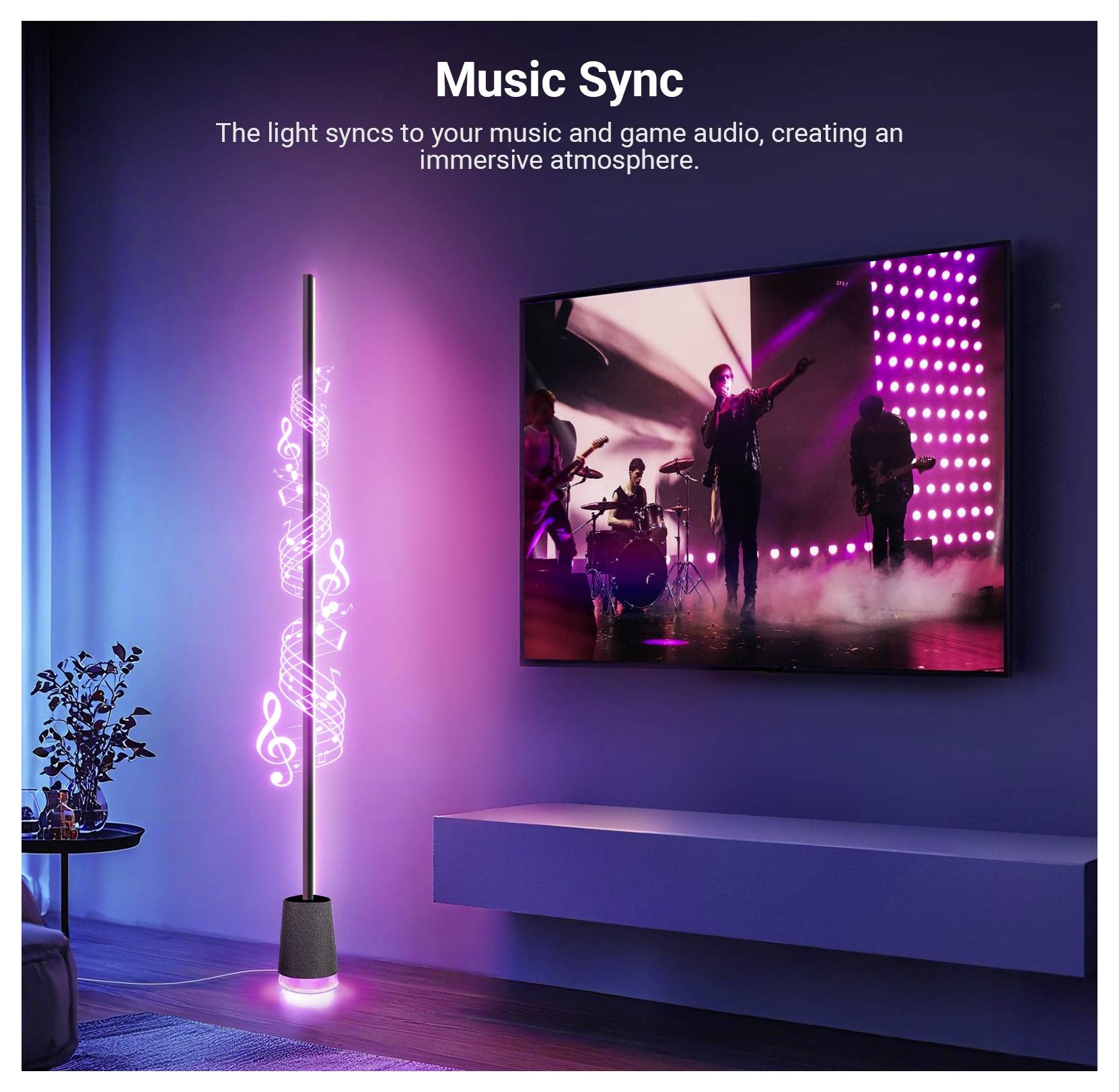 Werbebild einer farbwechselnden Music-Sync-Leuchte neben einem Fernseher, der ein Live-Konzert zeigt, mit Text, der besagt, dass die Leuchte mit Musik- und Spielaudio synchronisiert wird, um eine immersive Atmosphäre zu schaffen.