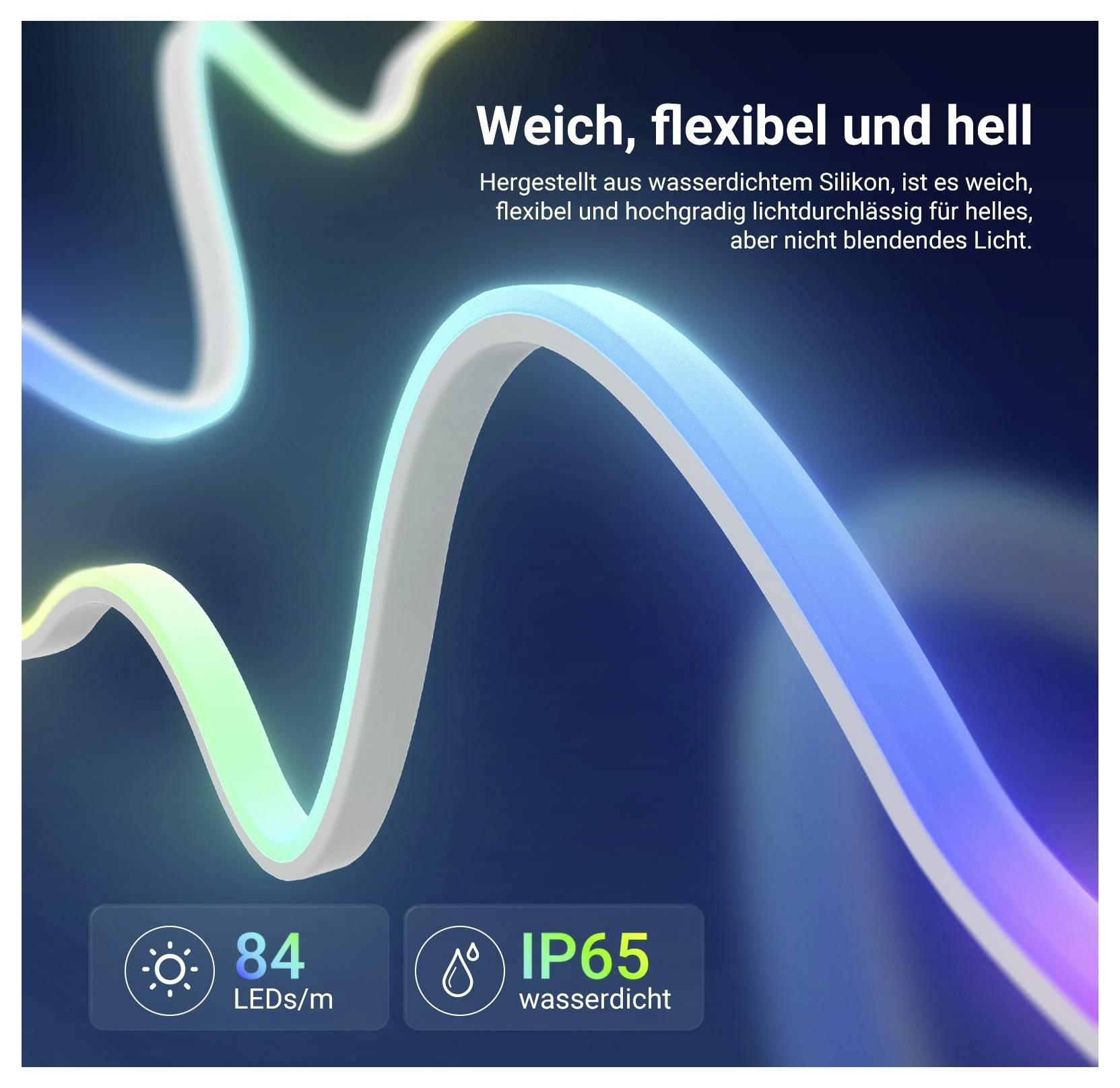 Flexibler, heller wasserdichter LED-Streifen mit Farbverlauf; Text sagt „Weich, flexibel und hell