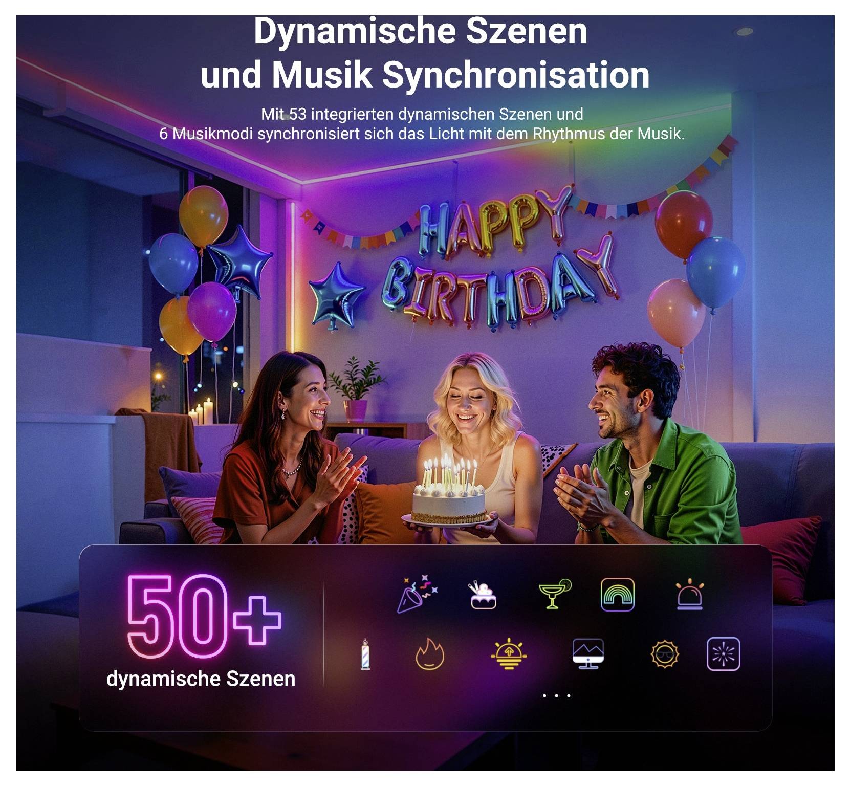 Geburtstagsparty-Szene mit drei Personen um einen Kuchen unter „ALLES GUTE ZUM GEBURTSTAG